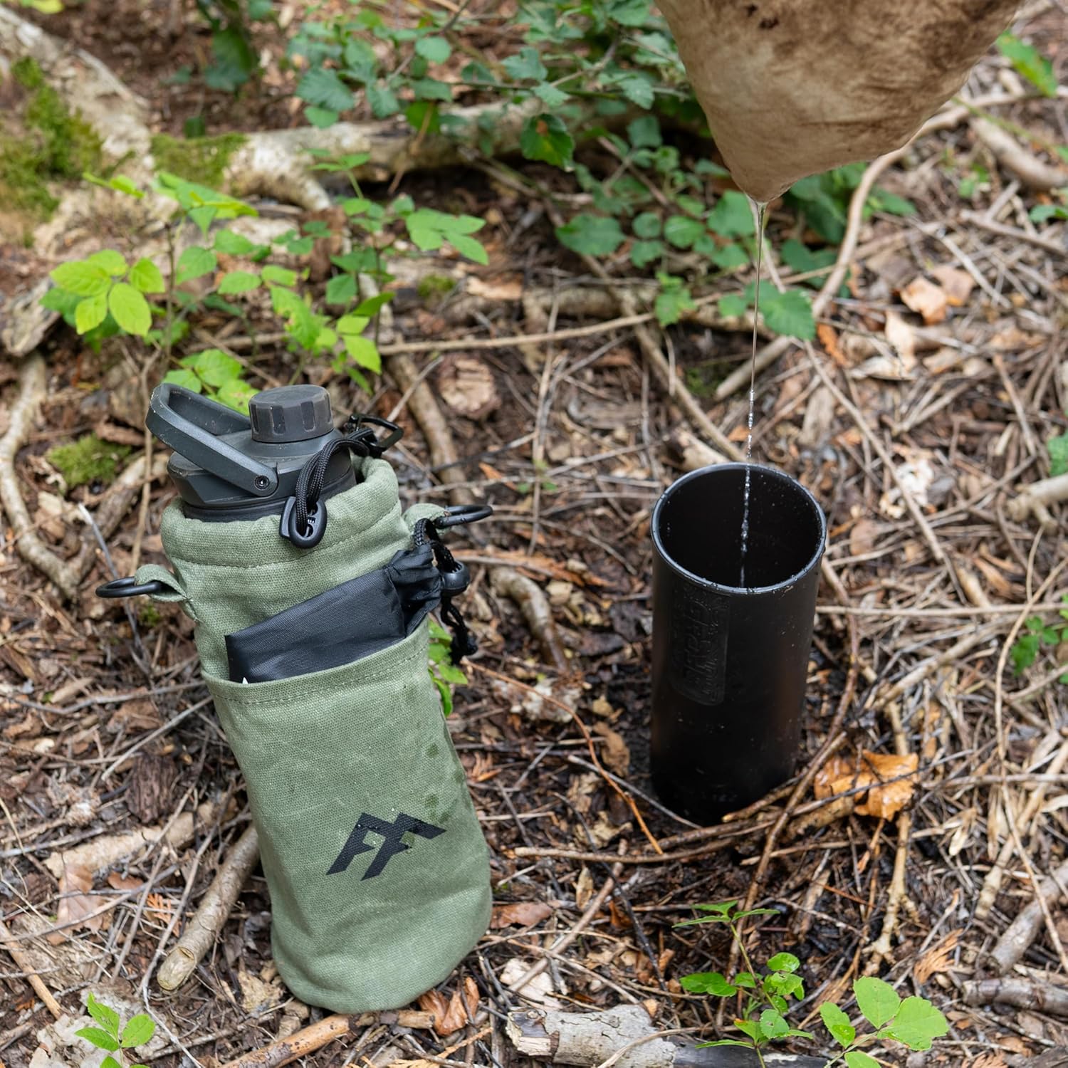 Forest Fundamentals Insulated Bottle Bag Pouch | Compatible with Grayl® Water Filters, 32oz Wide Mouth Bottles & Nesting Cups | Handmade Waxed Cotton Canvas & English Boiled Wool