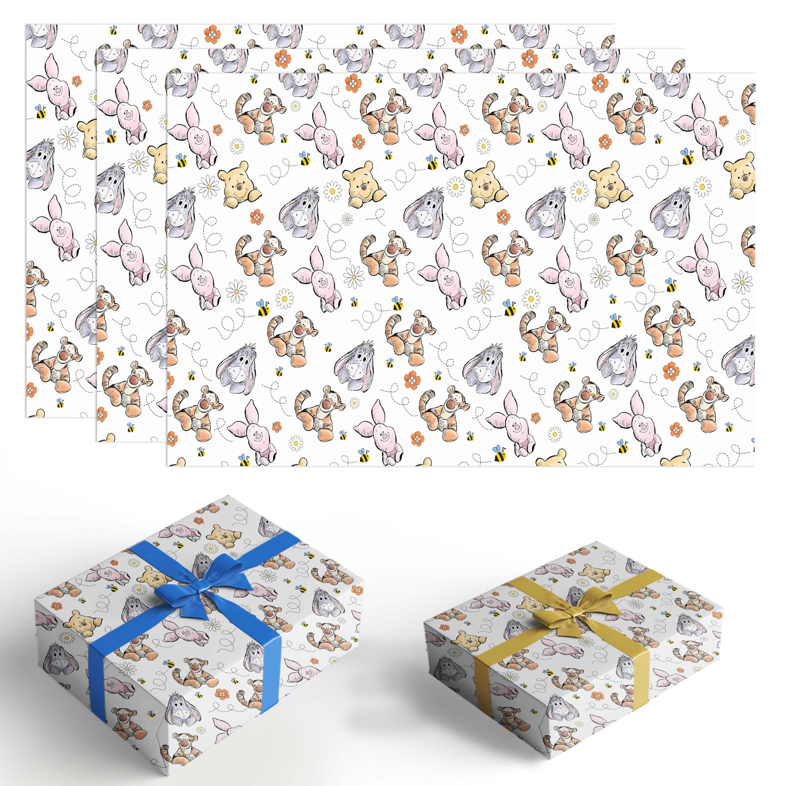Winnie Wrapping Paper For Baby Shower, The Pooh Birthday Decoration, Winnie Gift Wrapping Paper,Winnie Baby Shower Decorations- 5 Pack (29.5 X 19.7in), Classic Bear Gift Wrap For Birthdays,Yellow
