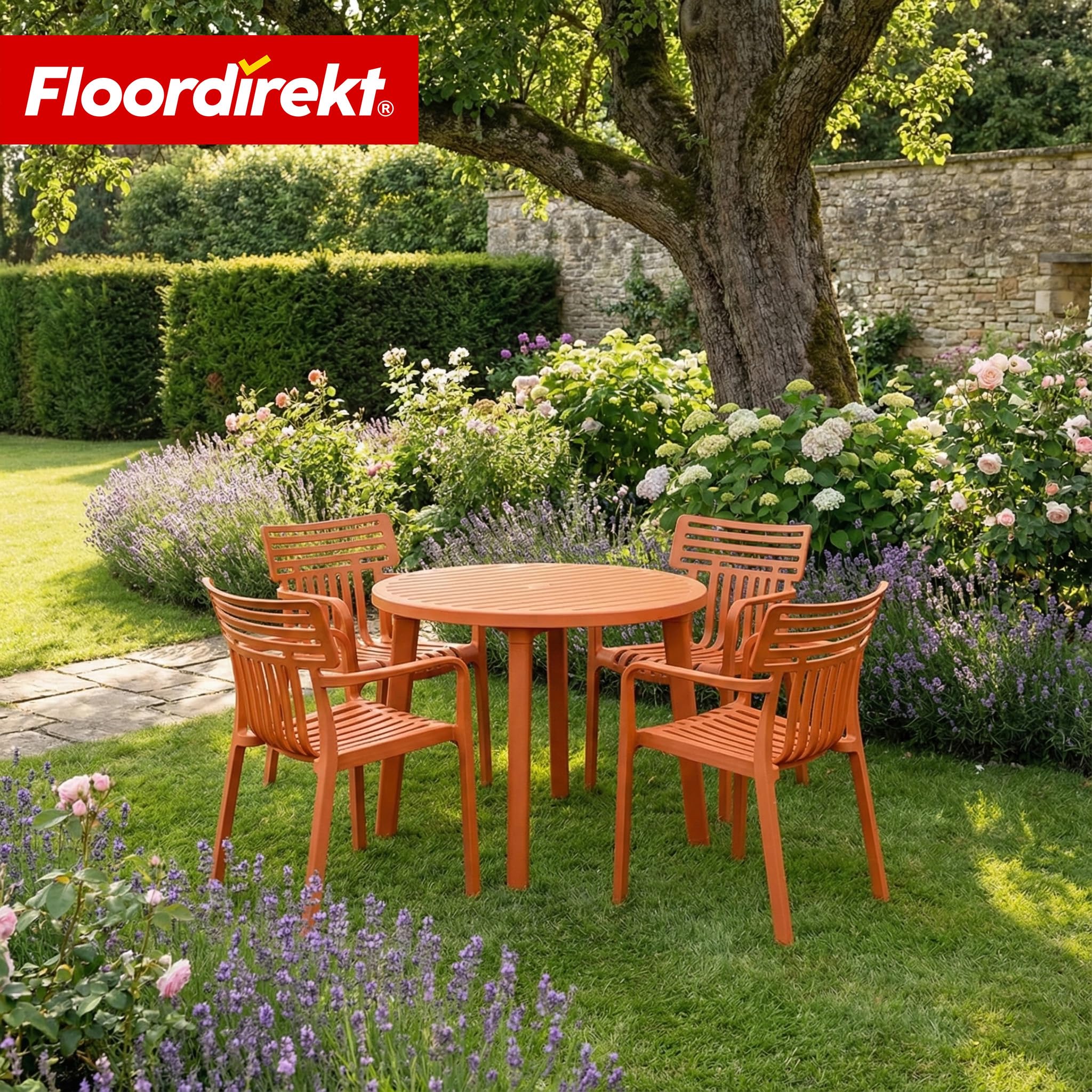 Floordirekt Silla de jardín Sitwell con reposabrazos - silla de diseño apilable, naranja, resistente a la intemperie y a los rayos UV, soporta hasta 200 kg, para balcón, terraza y jardín
