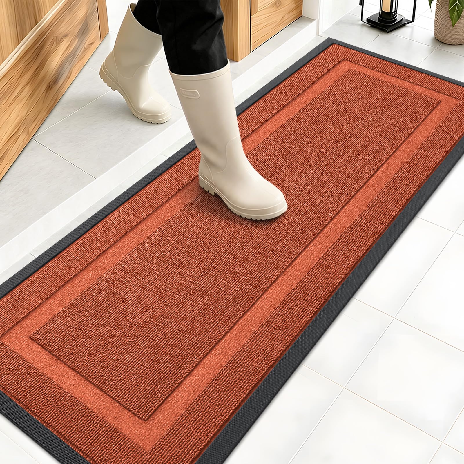 OLANLY Front Door Mat Outside 47x17, All-Season Heavy-Duty Rubber Doormat | Vermillion Red, Absorbent, Stain and Fade Resistant, Non-Slip Backing, Low-Profile Indoor Outdoor Floor Mat for Entryway