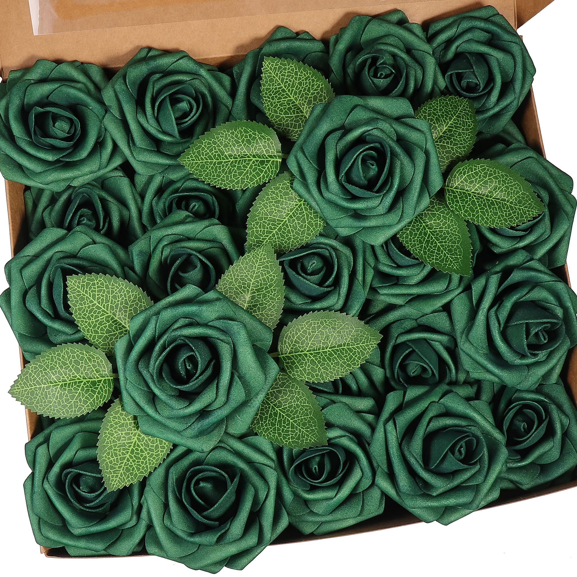 Jdsour 50pcs Artificial Flower，Real Touch Foam Roses w/Stem DIY for Wedding Bouquet Centerpieces Party Shower Home Decor-Green boxpack