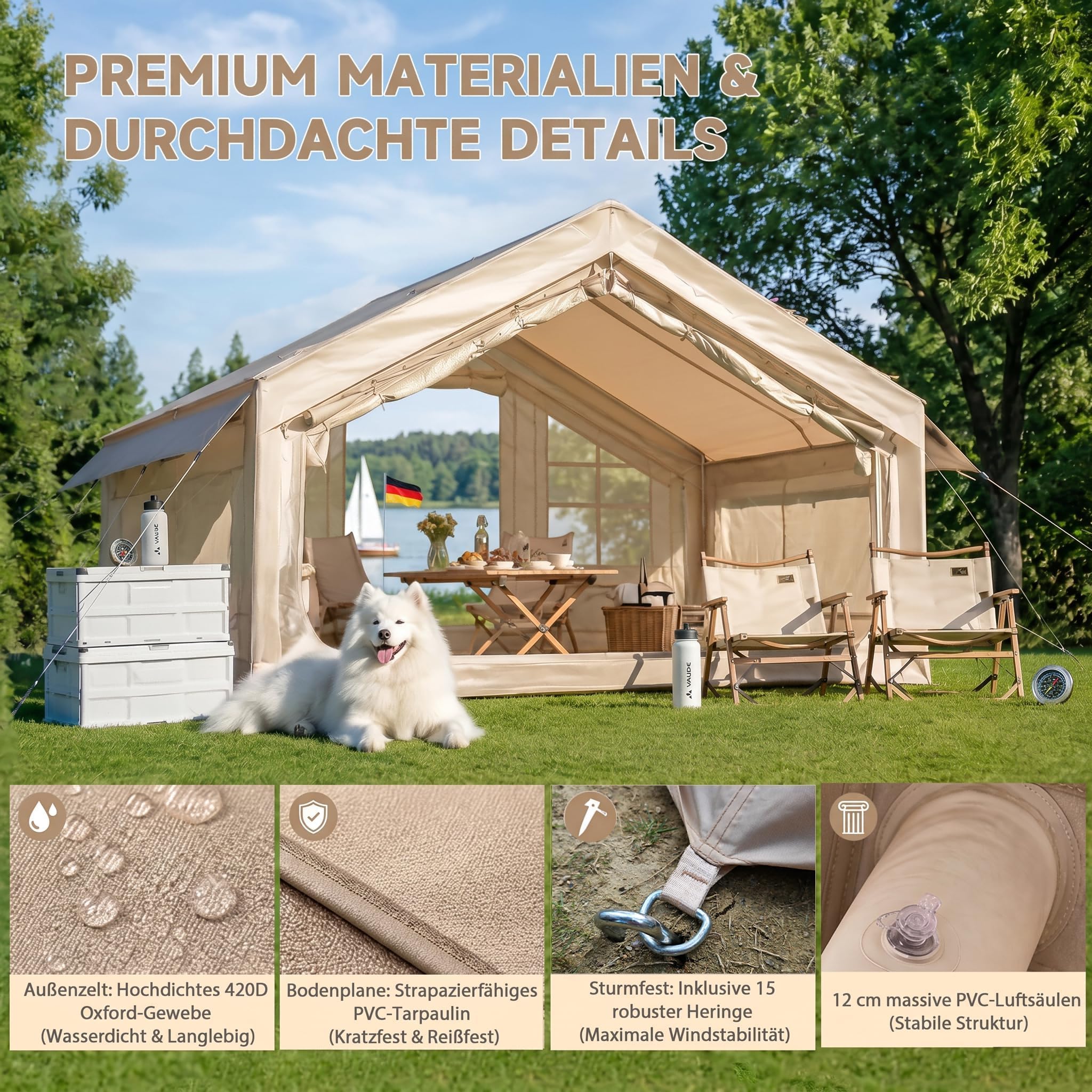 HAUSPROFI Luftzelt Aufblasbares Zelt 3-4 Personen, 6,3m² Glamping Hauszelt mit Vorzelt & Kaminöffnung, 200cm Stehhöhe, 420D Oxford Wasserdichtes Familienzelt für Camping Outdoor, Inkl. Pumpe
