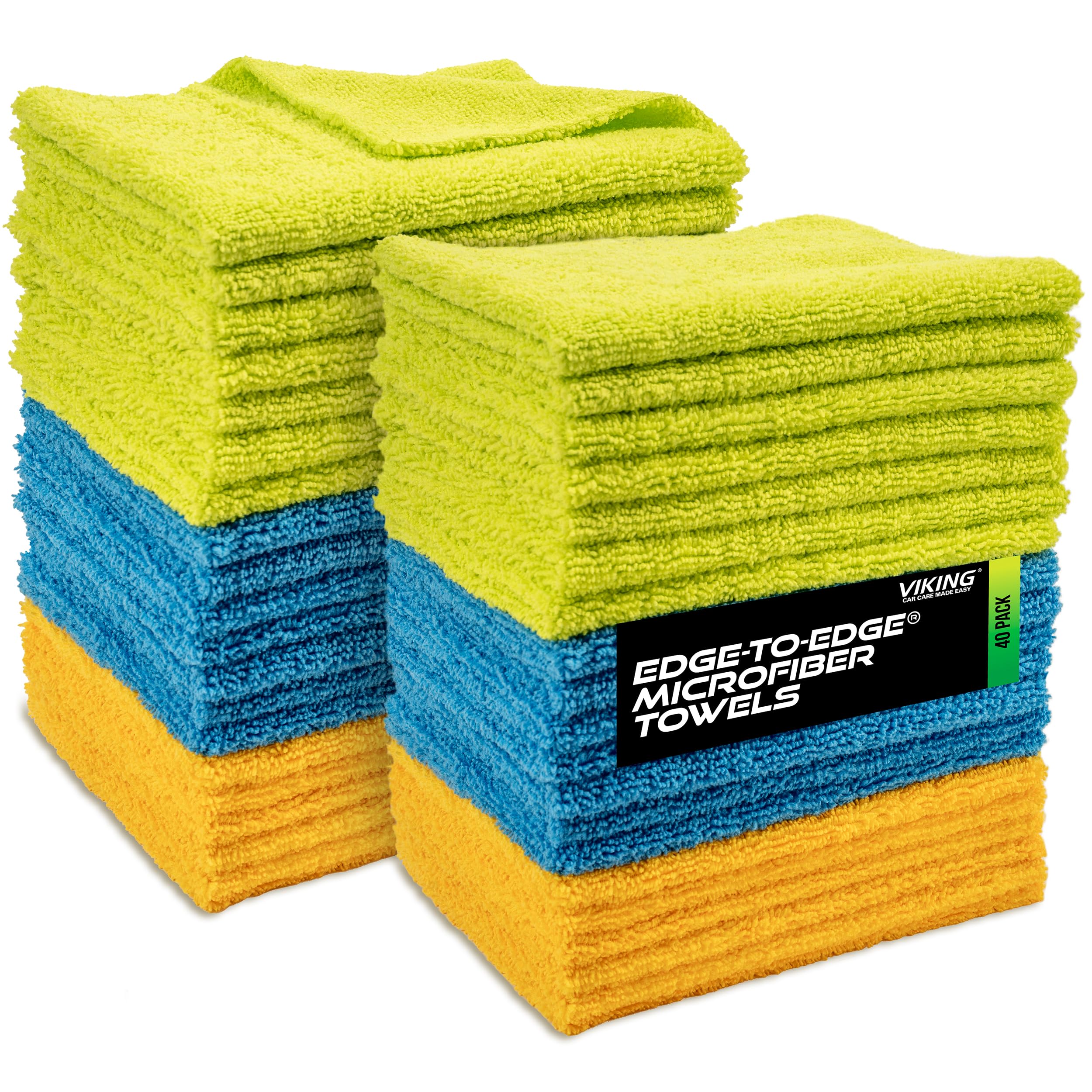 VIKING Microfiber Cloth for Car or Home 40 Pack, Edgeless Towel for Interior and Exterior Car Detailing, Multi-Purpose, Reusable Towels, Assorted, 12