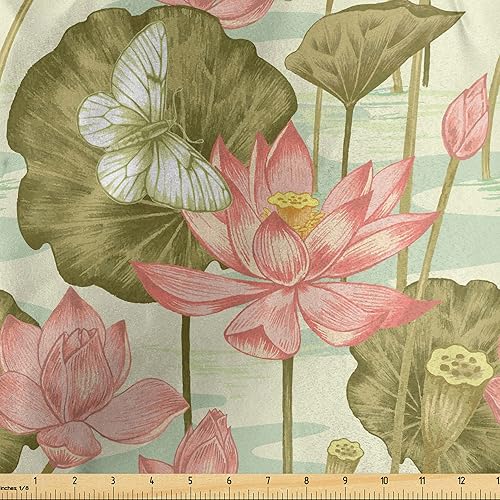 Lunarable The Yard, tela japonesa de The Yard, exóticos capullos de loto vintage, tallos en estanque de mariposa voladora, estilo oriental, tela de