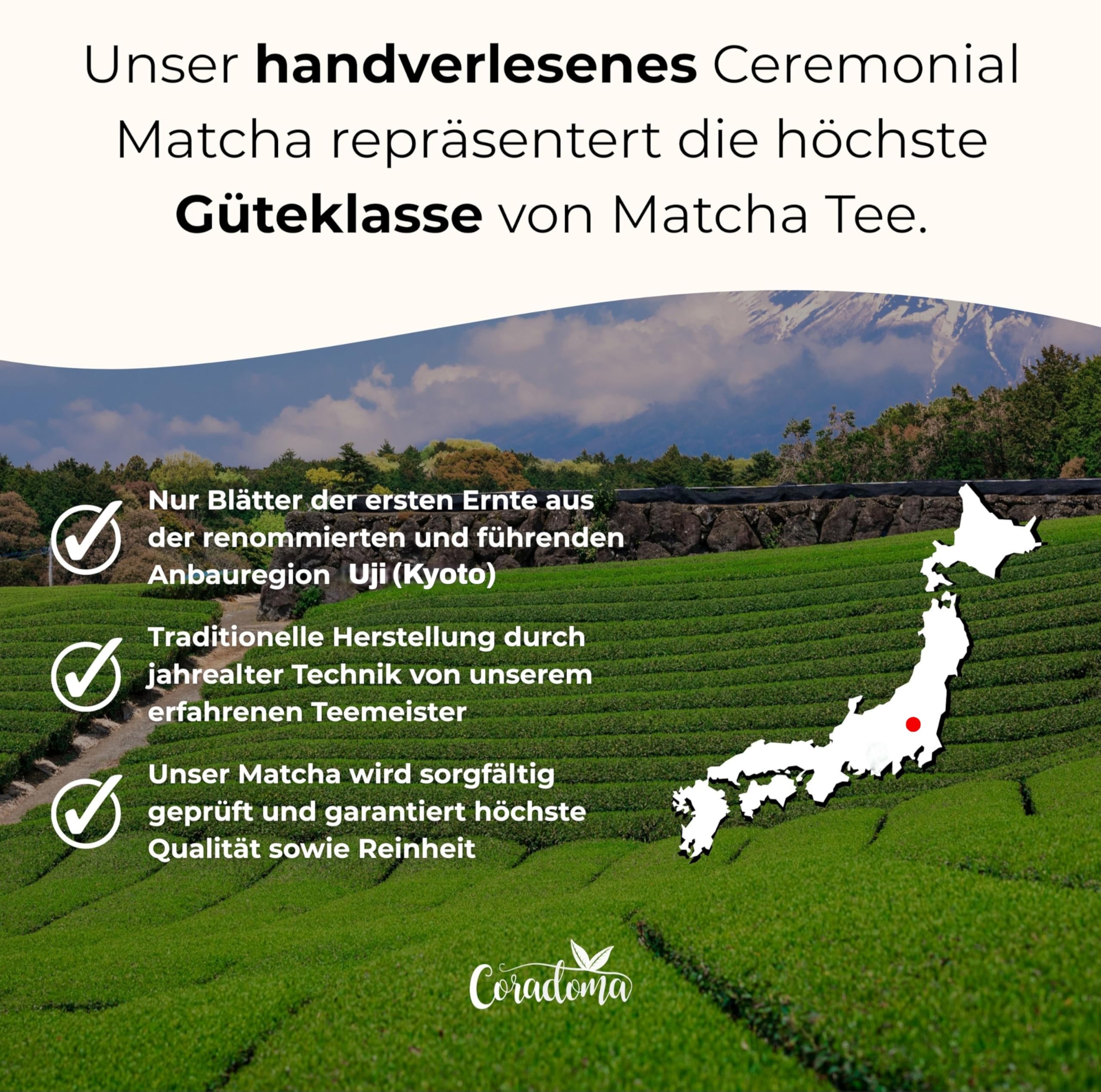 Matcha Ceremonial Grade aus Japan 100g Beutel – 100% Natürliches Matcha Pulver, handgemahlen aus Erster Ernte, Original Japanischer Grüntee – Reine Qualität und Traditionell