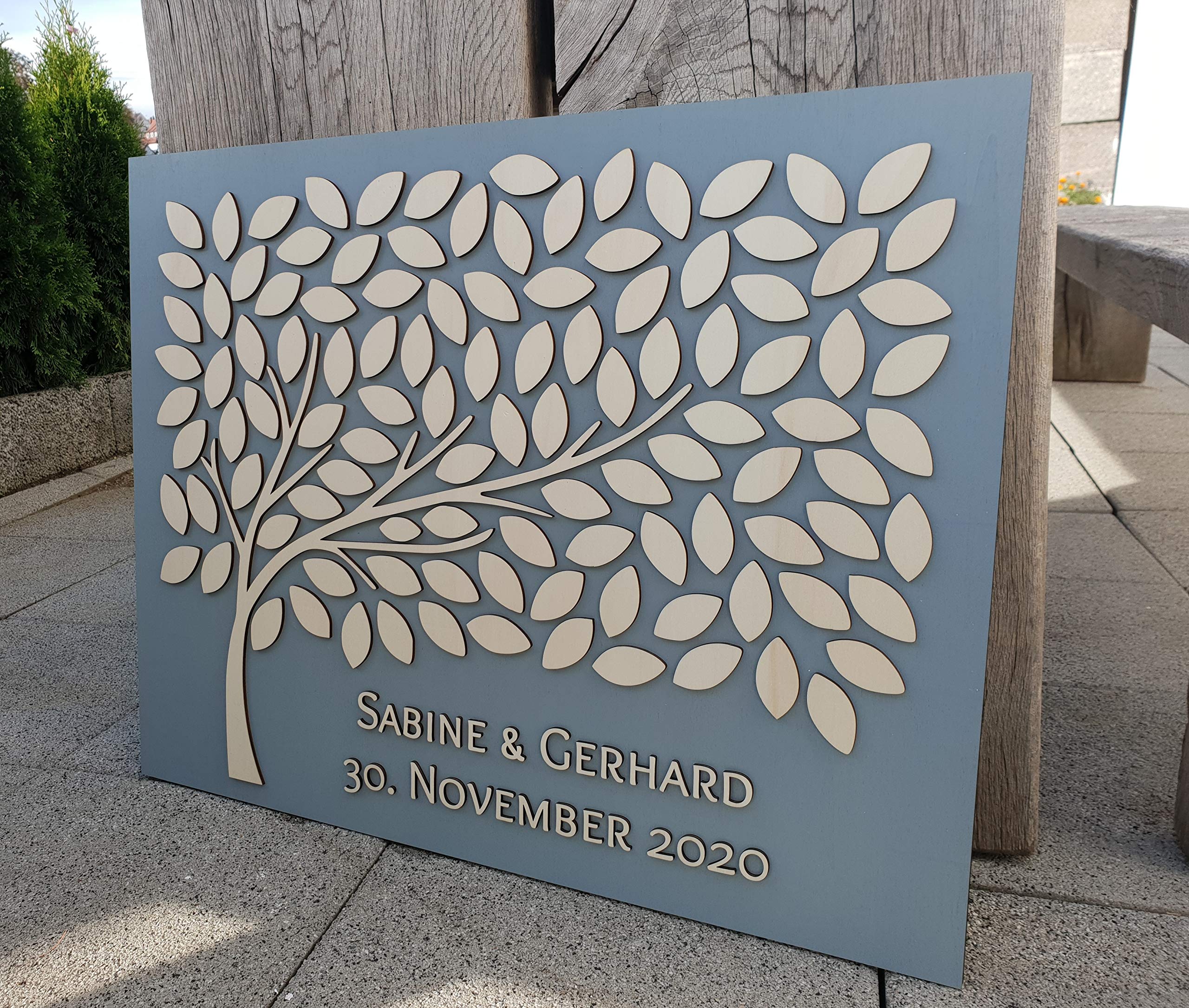 Manschin-Laserdesign Personalisiertes 3D Gästebuch aus echtem Holz - Baum - Gästebuch Alternative - (75x60cm, Grau)