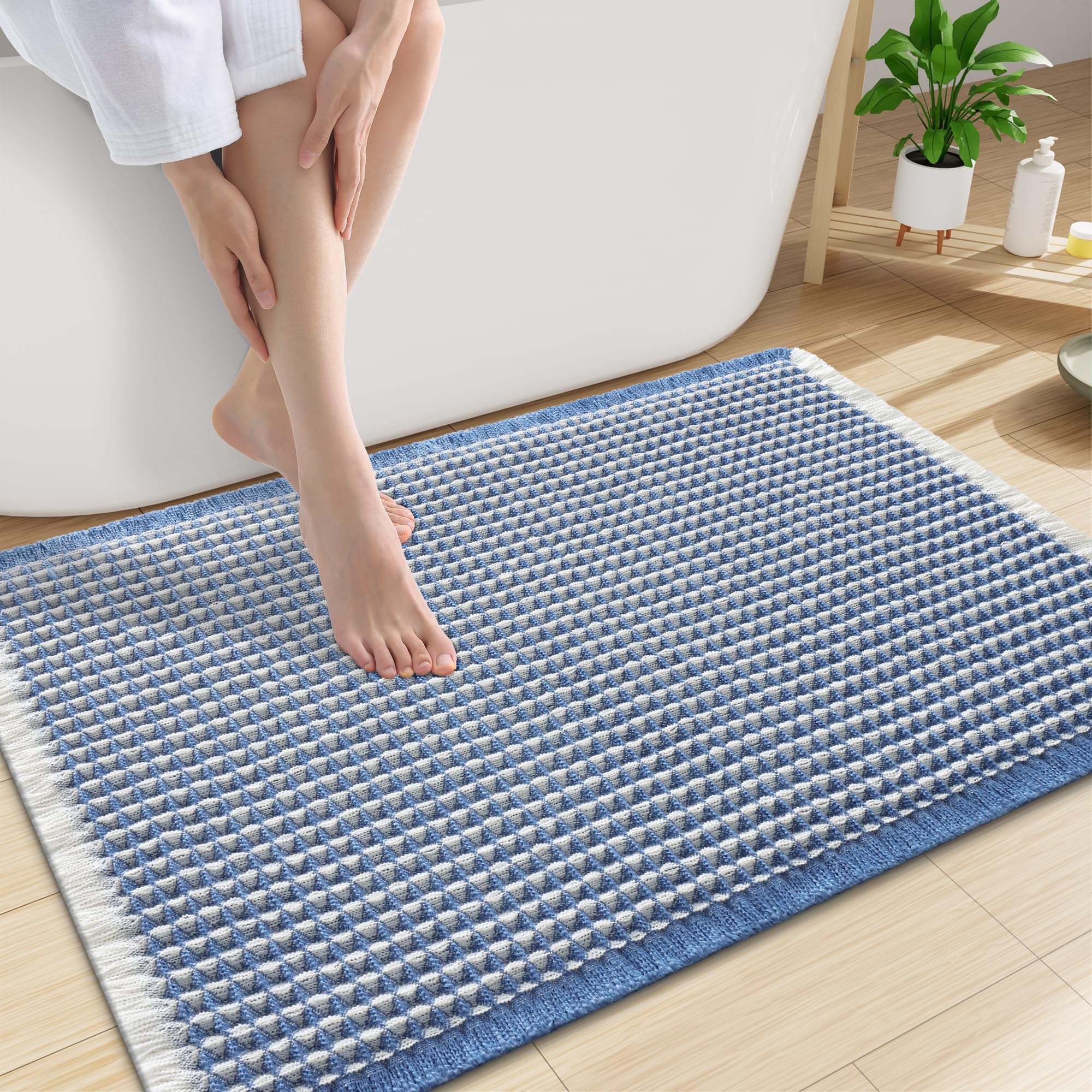Smiry Waffle Bath Mat 30X20, Soft Absorbent Bathroom Rugs, Blue &amp; Cream