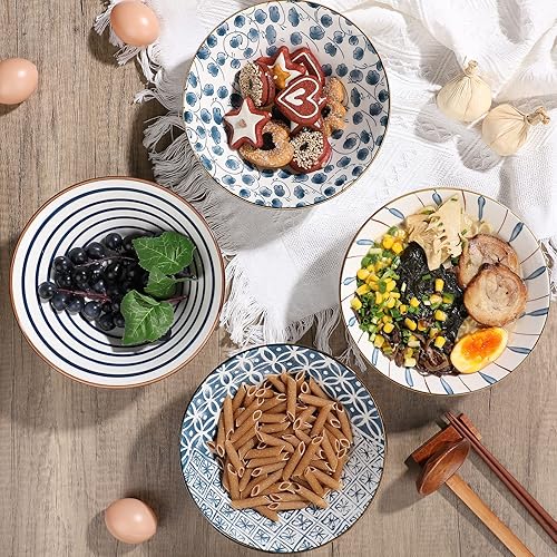 Miniatura 6 de Zopeal Juego de 4 tazones de cerámica para ramen de 40 onzas con palillos, cucharas y estantes de cerámica asiática para sopa Udon Soba Pho, fideos