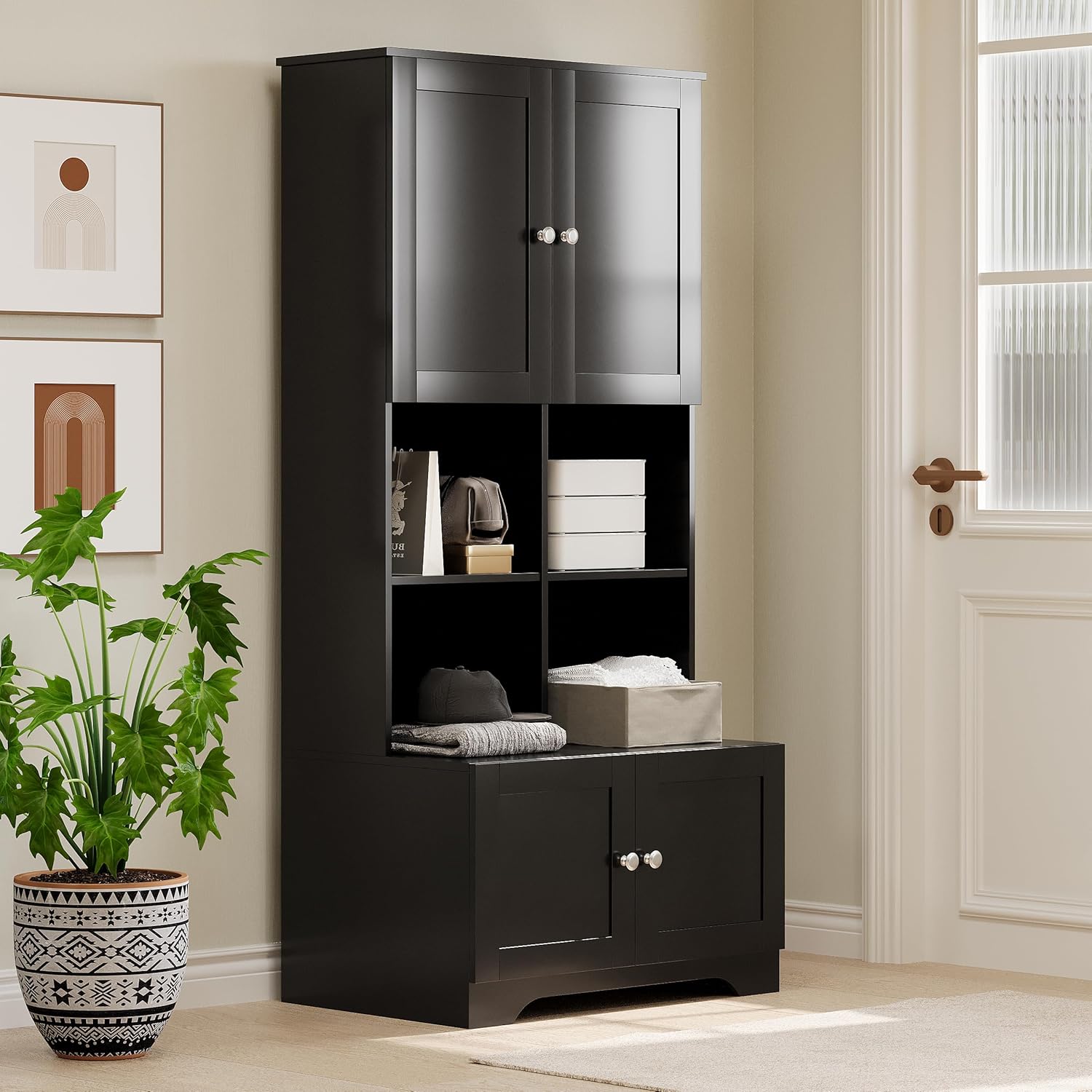 Merax Entryway Hall Tree with Bench?Storage Cabinet with Doors for Living Room, Bathroom or Home, Adjustable Shelf, Black