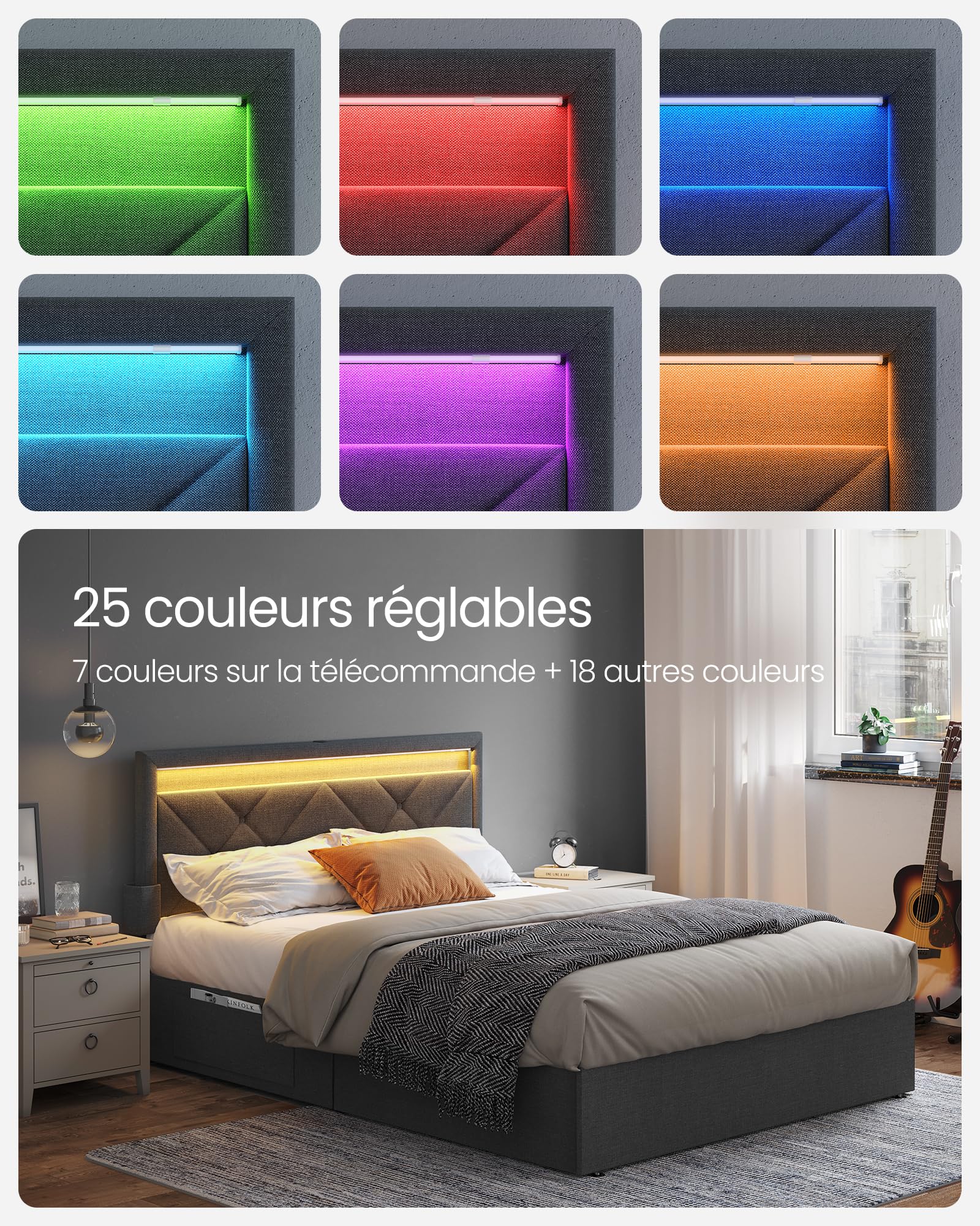 VASAGLE Lit Double, 140 x 190 cm, avec LED, en Métal, 4 Tiroirs, Multiprise, Tête de Lit Rembourrée Ajustable, Pas Besoin de Sommier, Gris Ardoise et Noir Mat RMB826G02