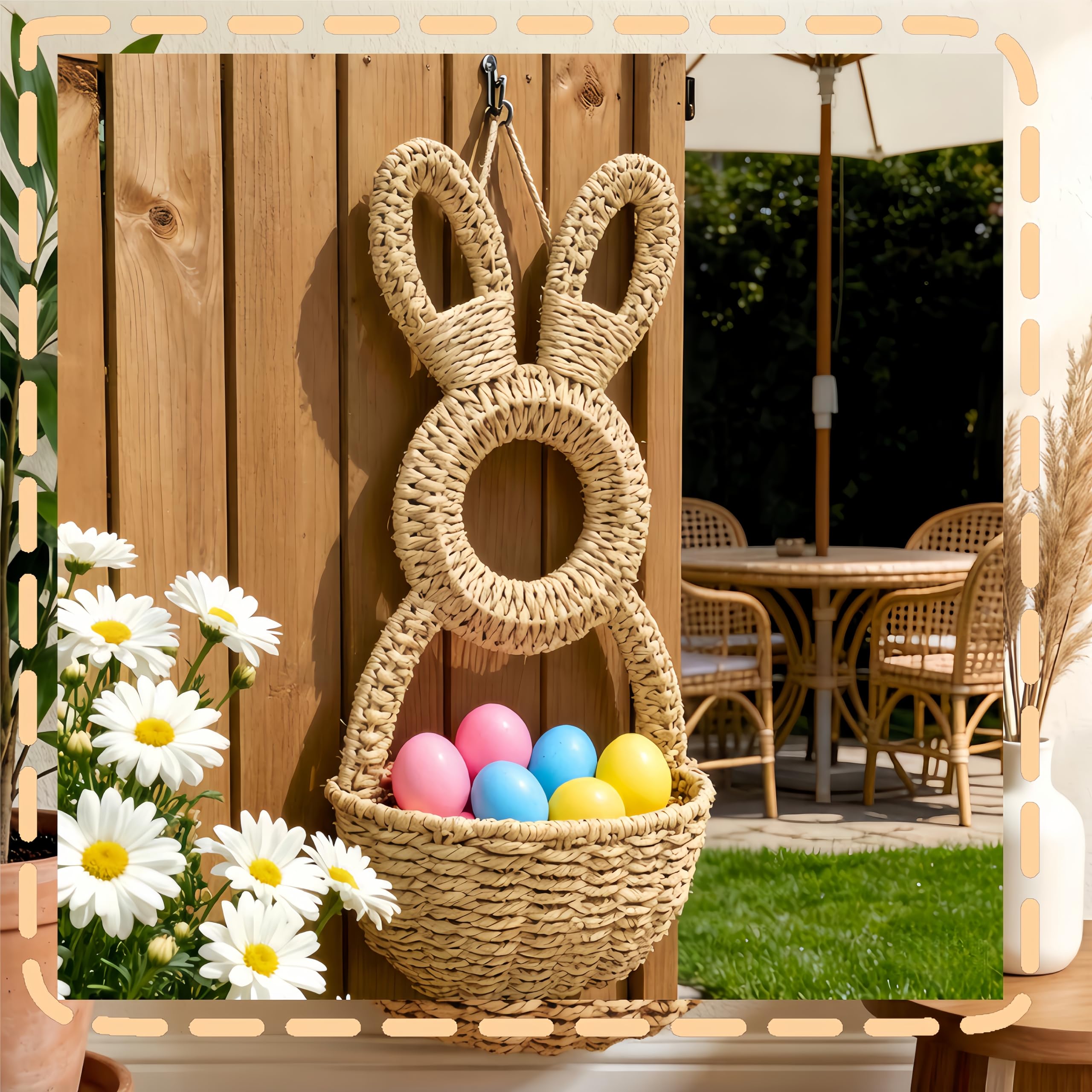 Cestino da porta a forma di coniglietto intrecciato a mano, decorazione pasquale primaverile da appendere alla parete, con tasca portaoggetti da appendere alla casa, per dolcetti pasquali
