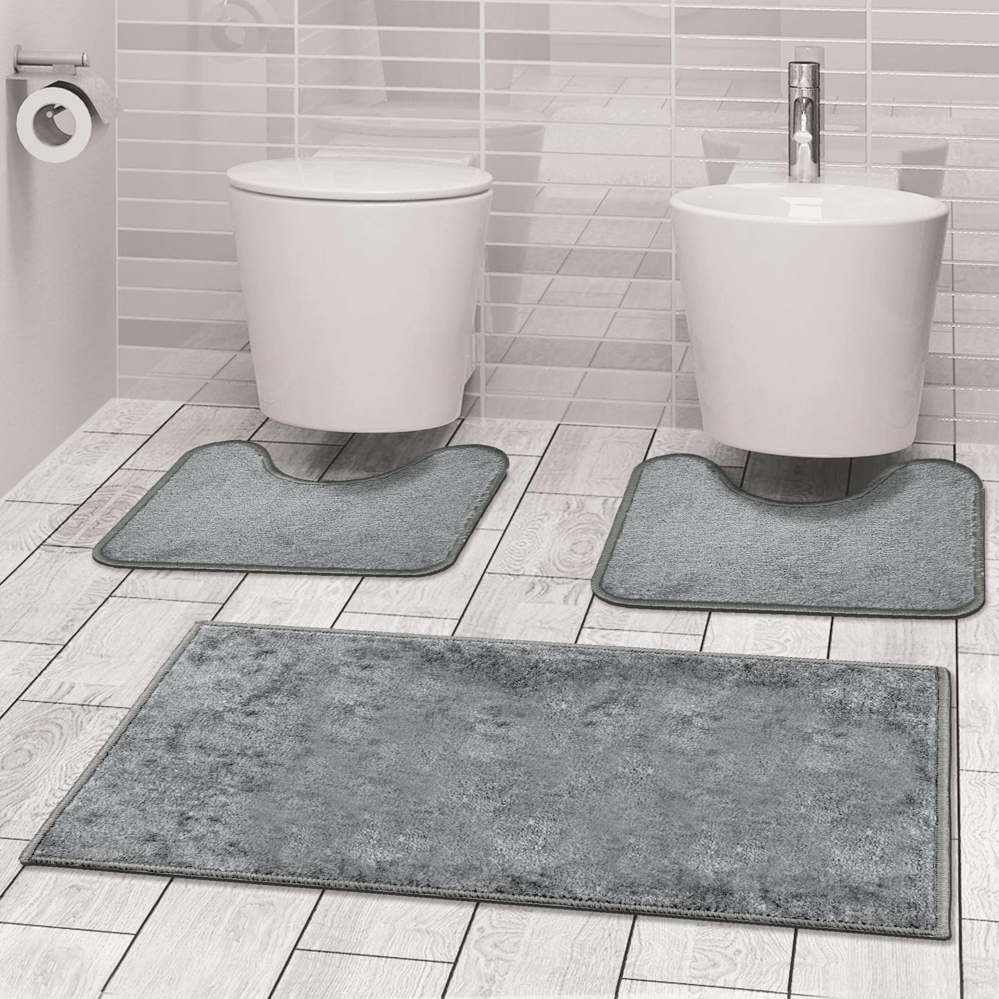 Comart - Ensemble Tapis Bain Ocean - 3 Pièces Antidérapantes - Gris