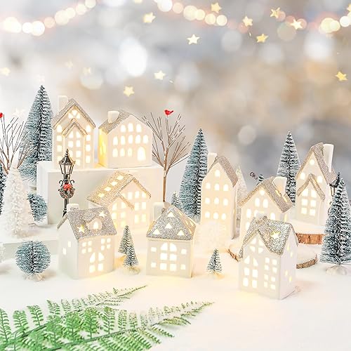 Spdmhyo 29Pcs Ceramic Christmas Village Set with Tea Light Pine Trees Xmas Stree
