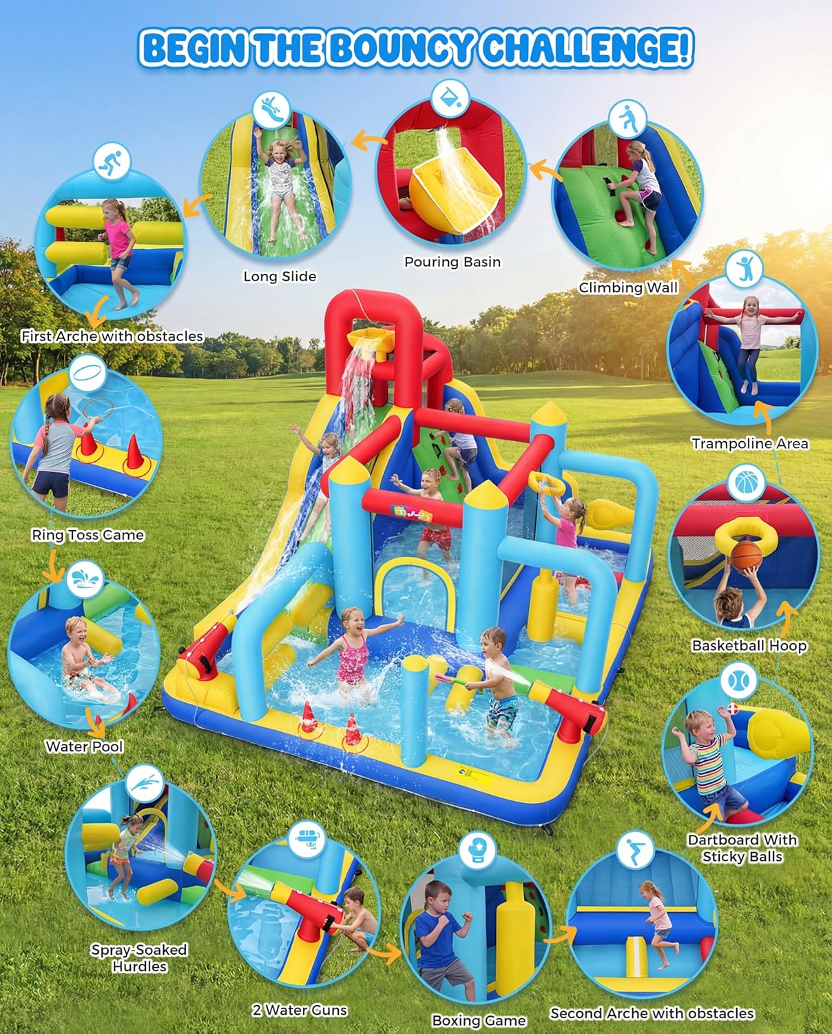 Whubefy Inflatable Water Slide Water Park, 13.3 × 11 ft Blow Up Water Slide with Obstacle Course/Long Slide/Cannon/Jump Area / 550W Blower, 13-in-1 Water Slide for Kids Backyard Summer Fun