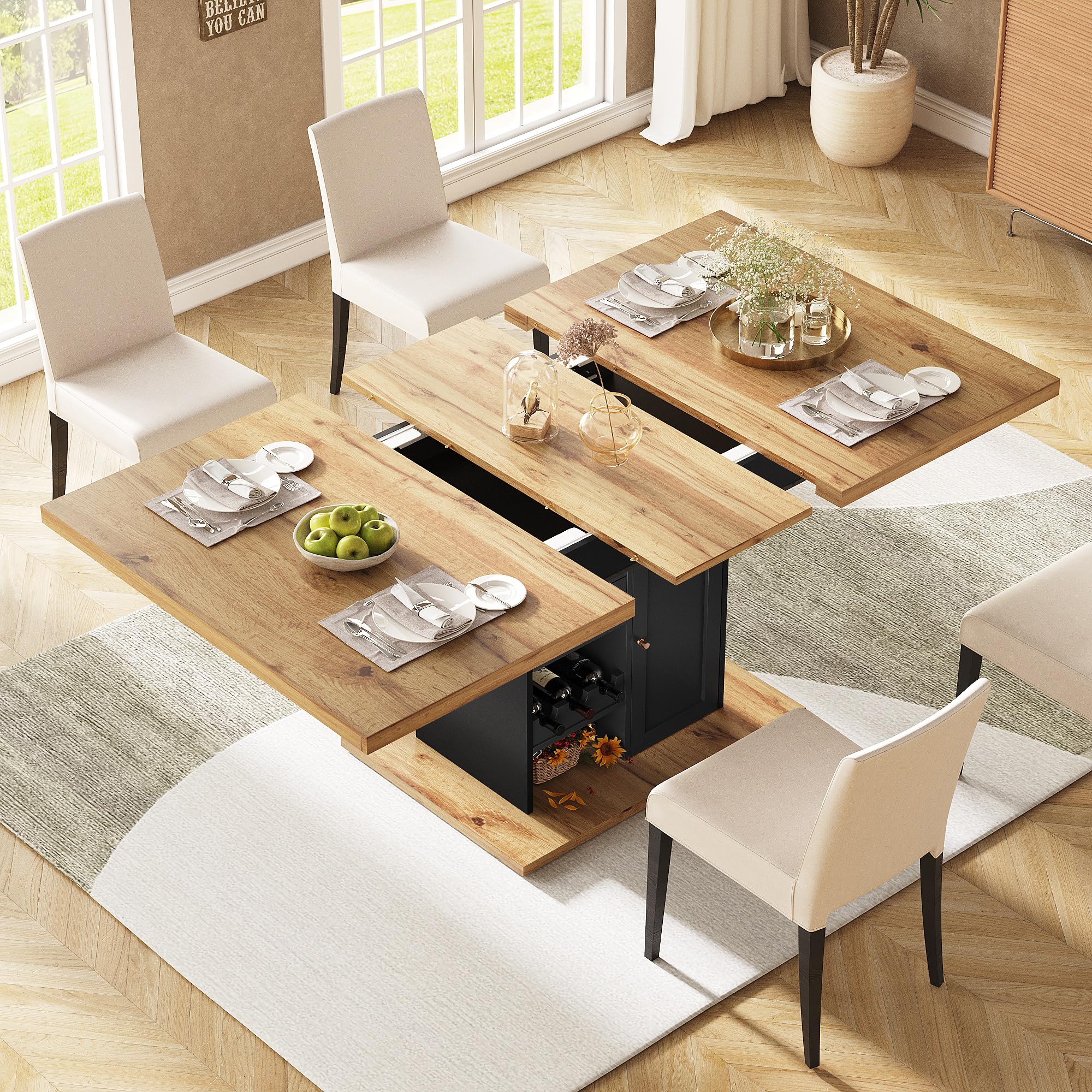 Tavolo da pranzo telescopico da cucina pieghevole per 4-6 persone, tavolo con snack e scaffale per vino, tavolo da pranzo estraibile, 1 ante e 2 cassetti, per cucina e soggiorno 110-140 x 80 x