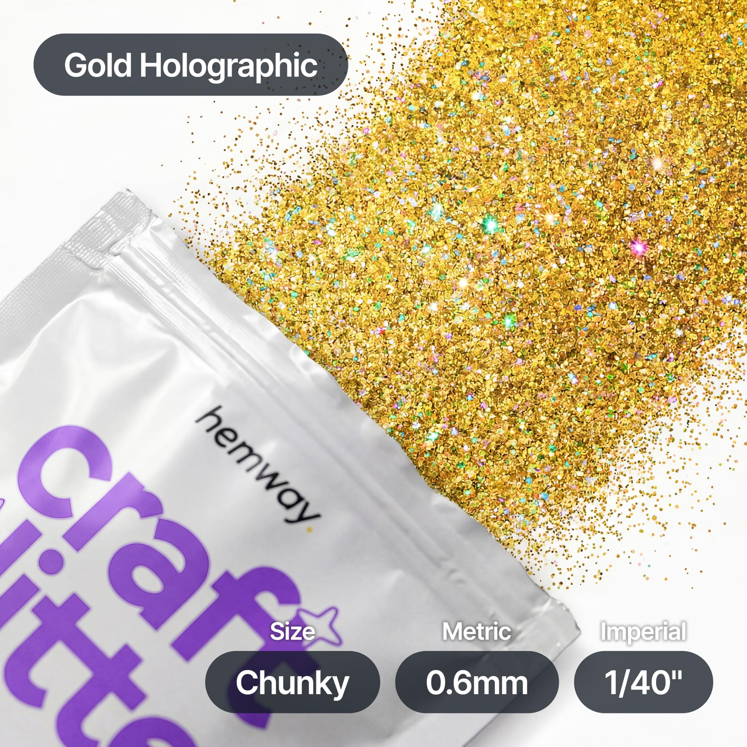 Hemway - Purpurina para manualidades, vasos, resina, epoxi, uñas, cera, álbumes de recortes, cristal, decoración de escuelas: dorado holográfico, gruesa (0,6 mm), 100 g — view 4