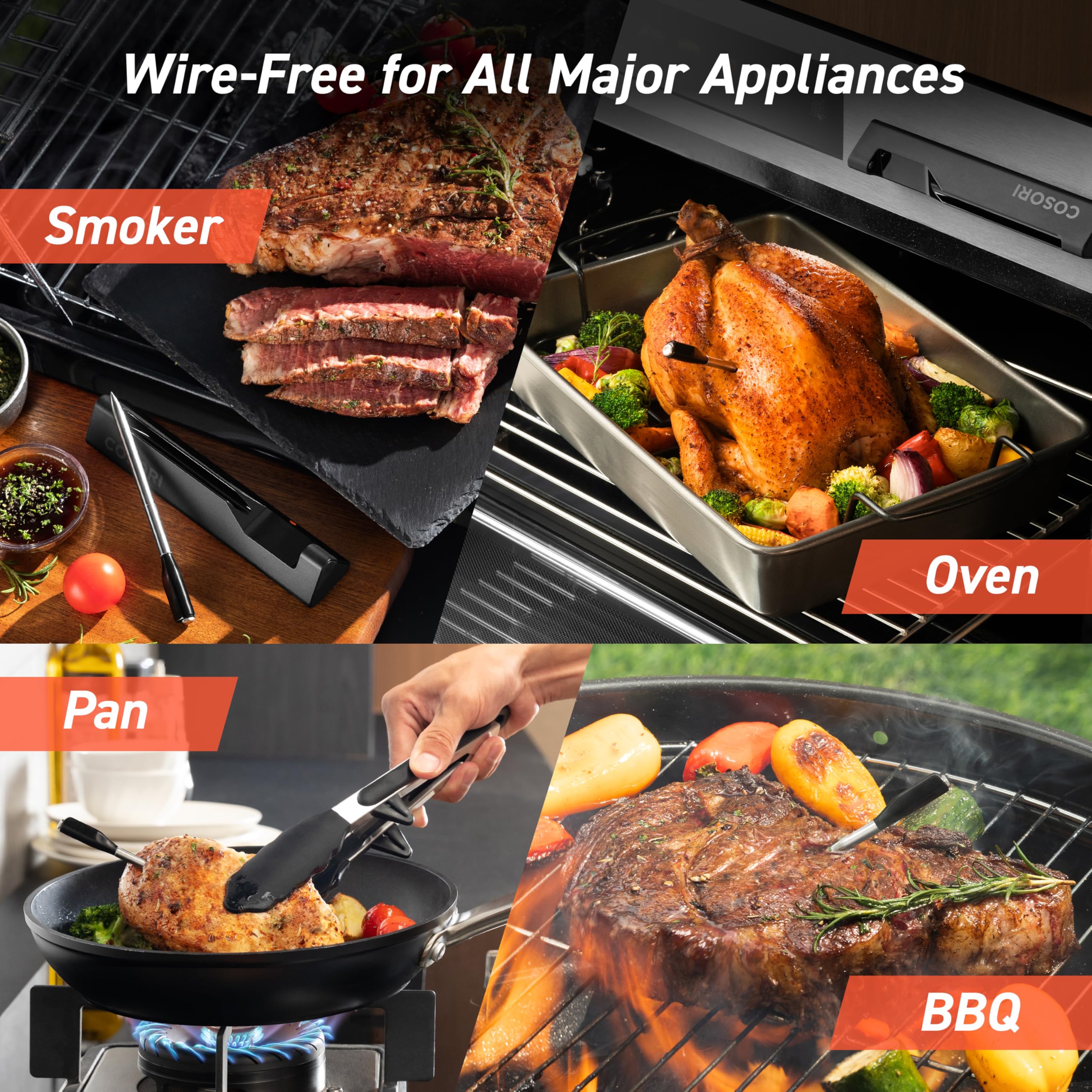 COSORI Primo termometro intelligente per carne senza fili con portata di 50 m, perfetto per friggitrice ad aria calda Dual Blaze, termometro per arrosti per cucina e barbecue, lavabile in