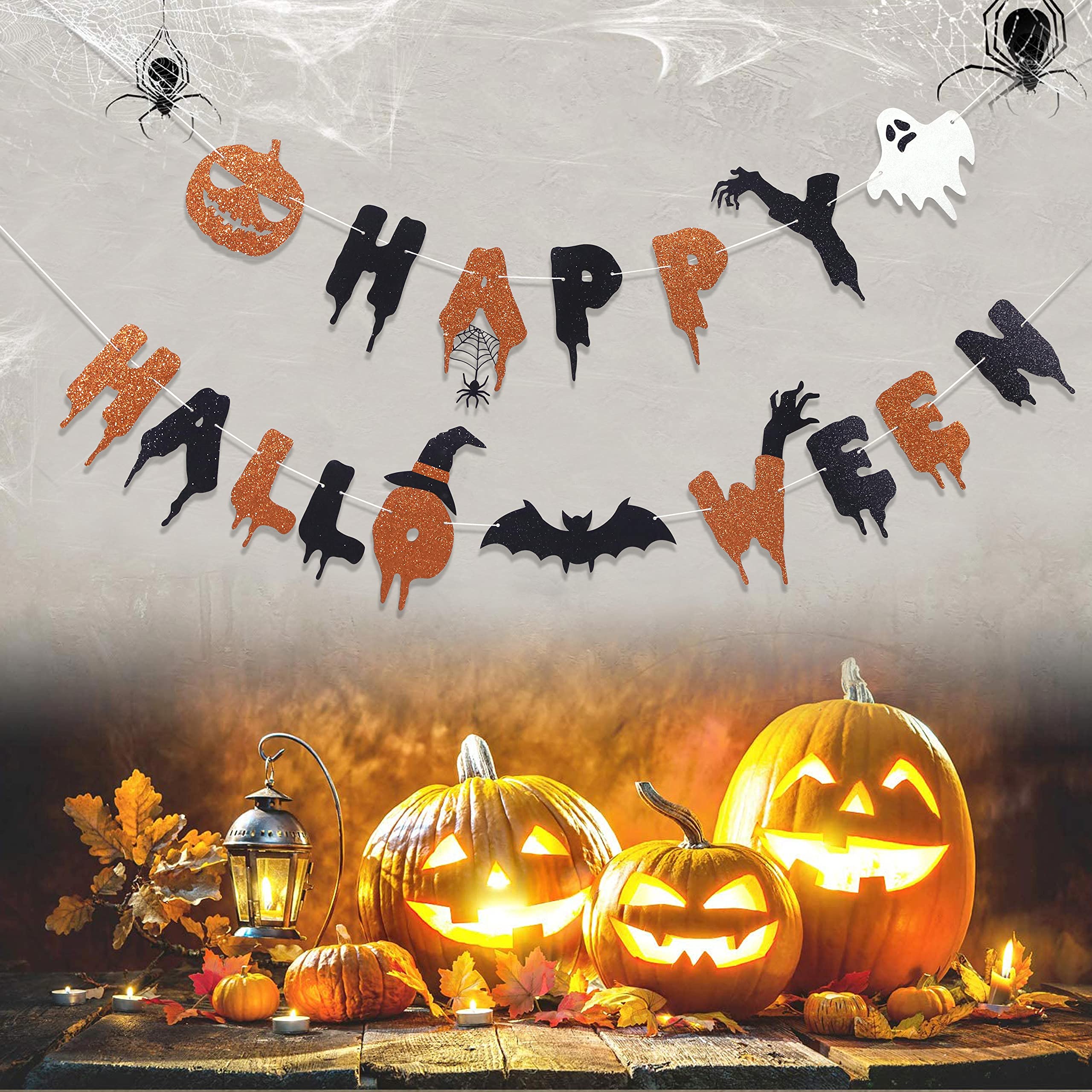 Happy Halloween Banner Set - Orange & Black Glitter With Bats Garland & Wall Decals, Party Decor