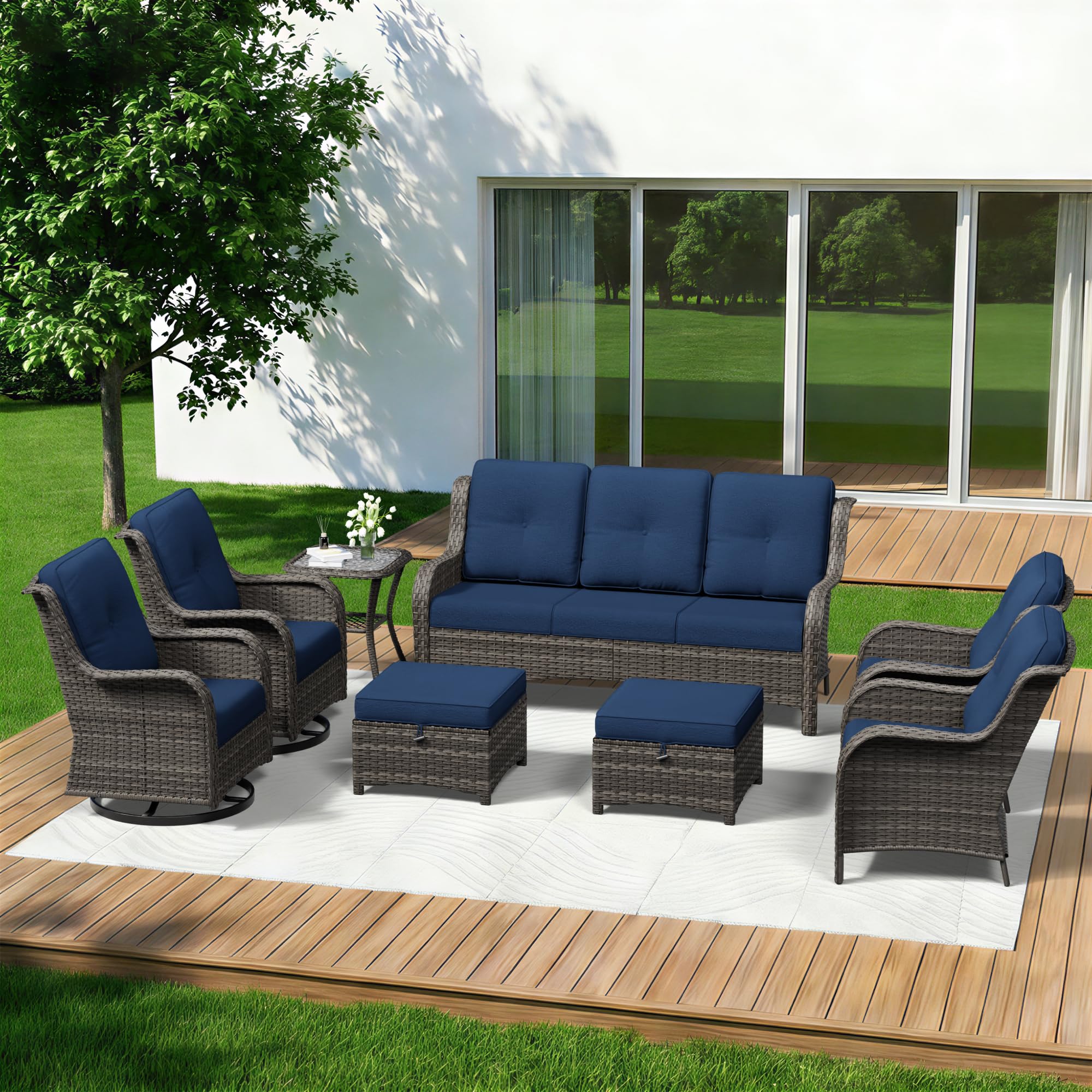 8 Piece Outdoor Wicker Patio Furniture Set, Patio Chairs Set with Thickened Olefin Cushions, High Back and Deep Seating, Hand-Woven PE Rattan, Ottoman for Porch, Deck