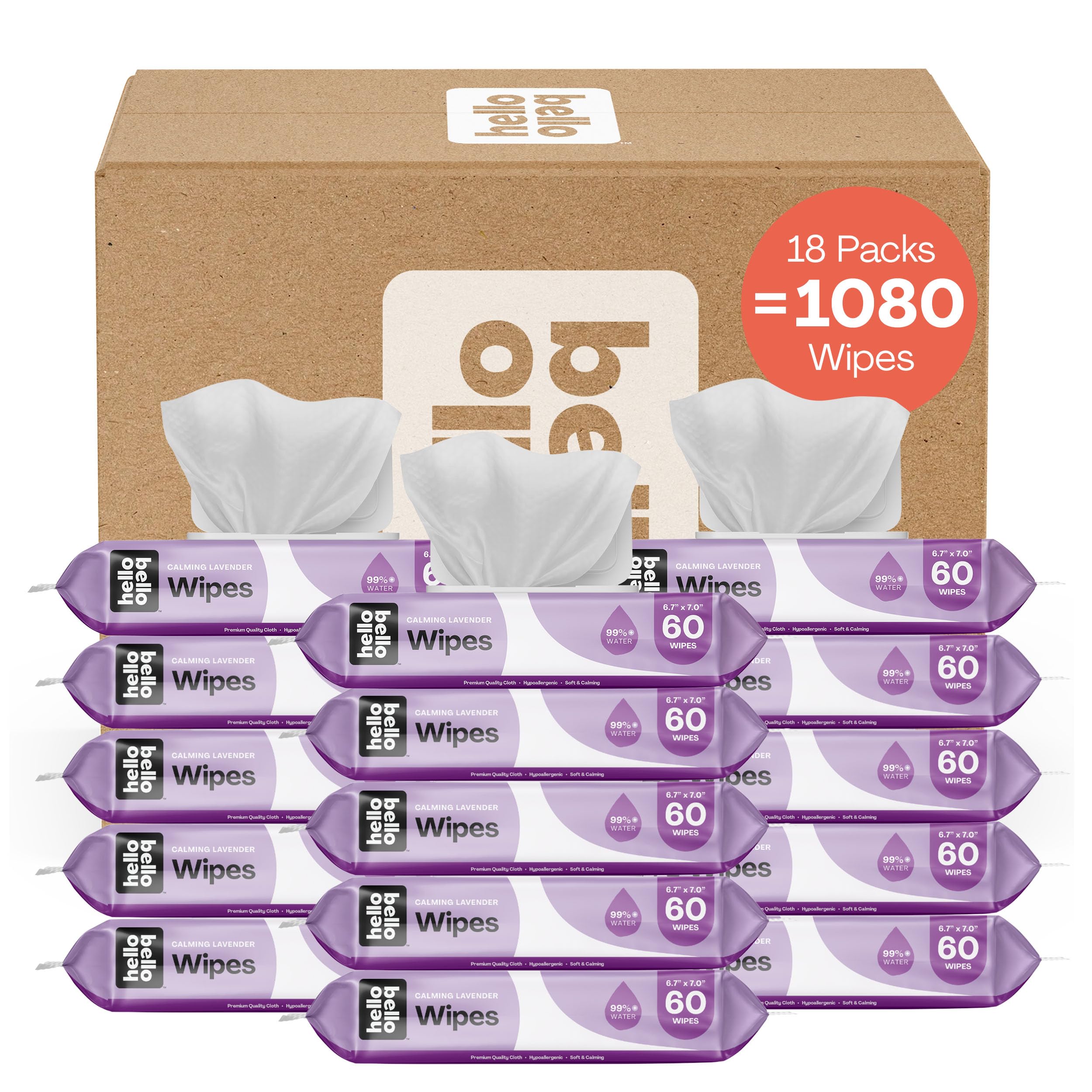 Hello BelloExtra Gentle Lavender Scented Baby Wipes, Plant Based, Made with 99% Water and Aloe for Babies and Kids, 1080 Count