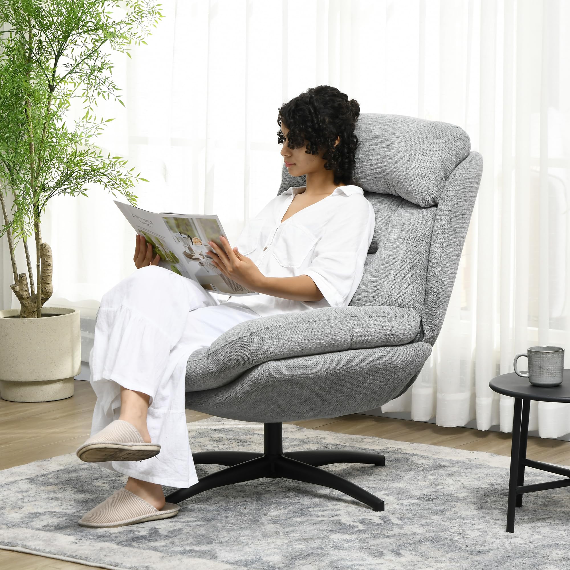 HOMCOM Sessel Wohnzimmer Drehbar Loungesessel mit Breiter Sitzfläche, Dicke Polster Schneidersitz Relaxsessel Lesesessel mit Wasserabweisend Chenille-Optik, Polstersessel für Schlafzimmer Grau