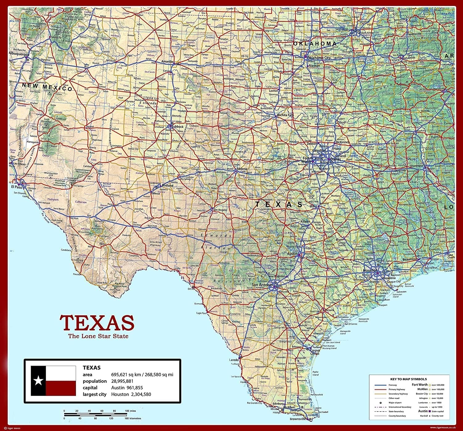 USA State Maps - Texas State Physical Map - Size 84 x 78 cm