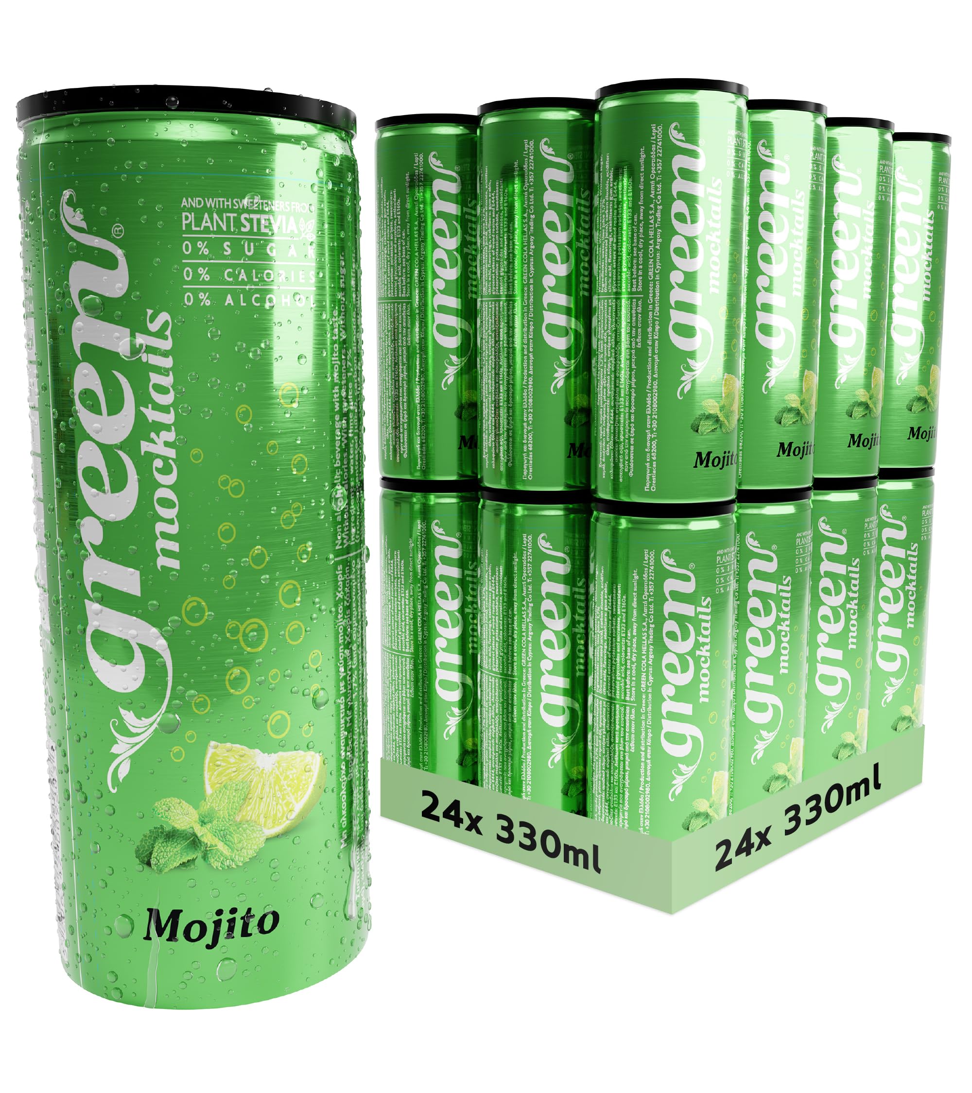 Green Mojito Mocktail - Alcohol Free Soft Drink - Low Calorie Sparkling Drink - No Sugar, Sweetened with Stevia, No Aspartame - Sparkling Mojito Flavour - Bulk Pack 24 Cans x 330ml