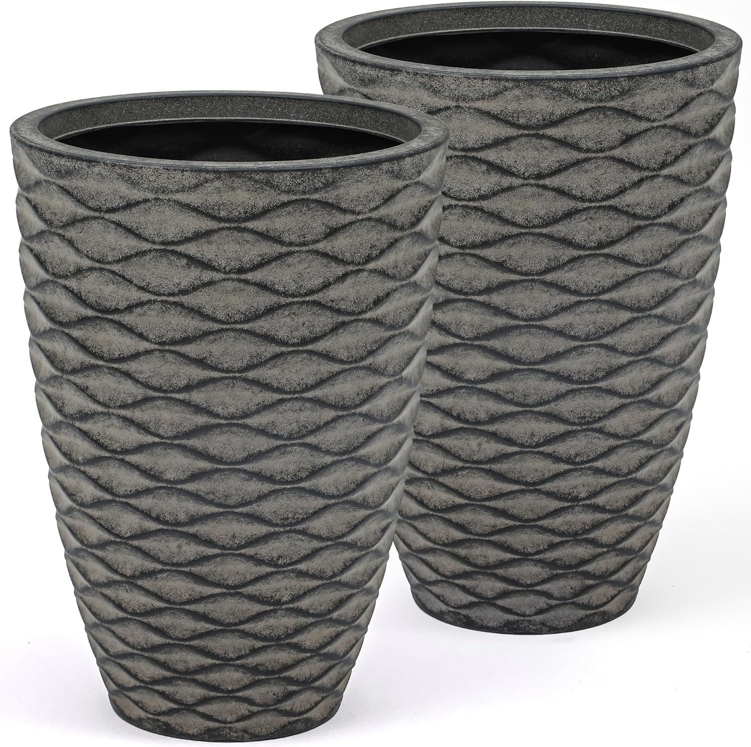 Autodaya 20" Tall Planters Set of 2, High-Density Resin Wavy Outdoor Pots for Plants, Versatile Indoor/Outdoor Flower Pots w/Drainage Holes for Patio, Garden, Porch & Living Room Decor, Ideal Gift