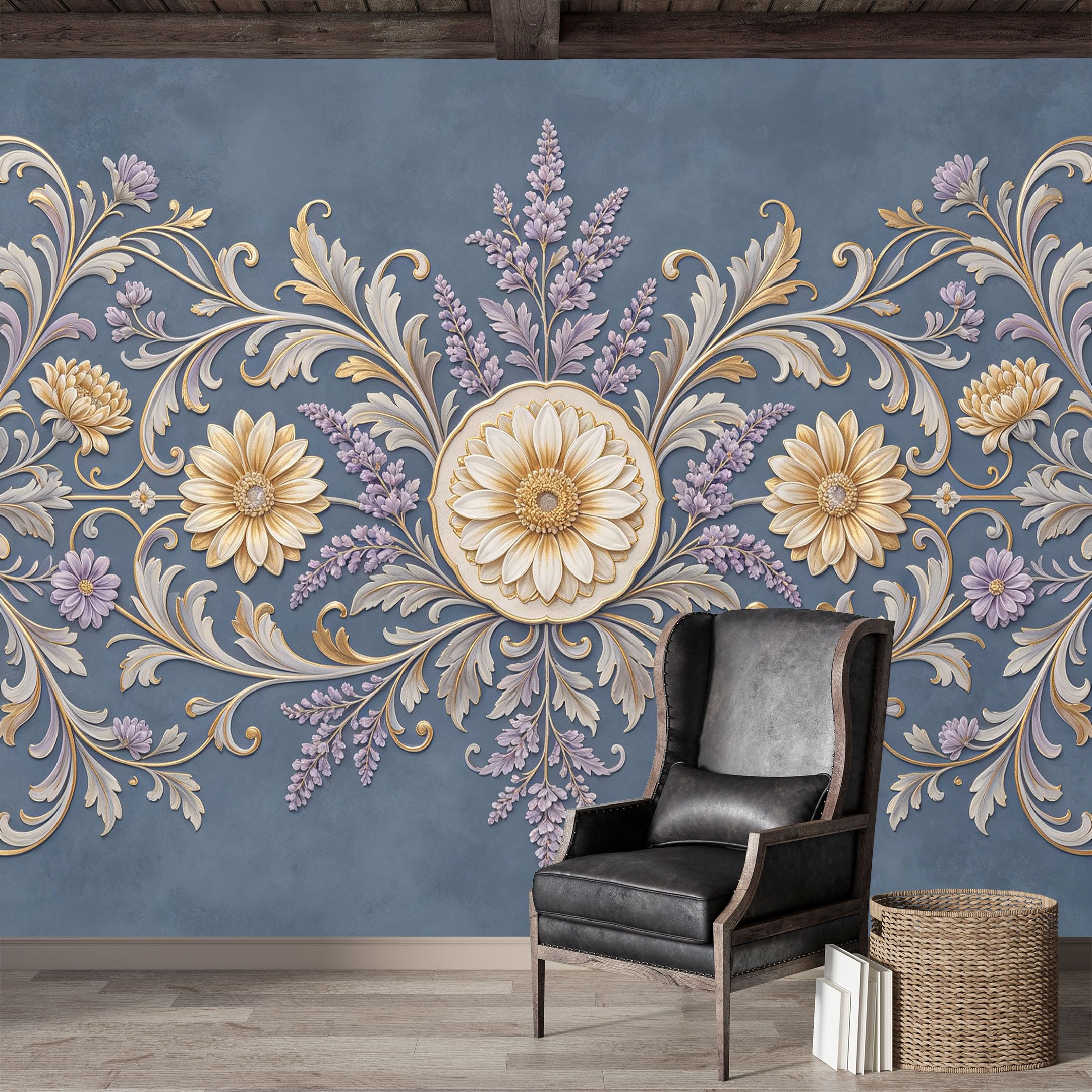 Custom Size Wall Mural,Baroque Floral Scroll Embossed European Classic Premium Water Activated SelfAdhesive Wallpaper,Removable Wall Covering,Easy DIY Install Wall Art for Indoor Home Decor