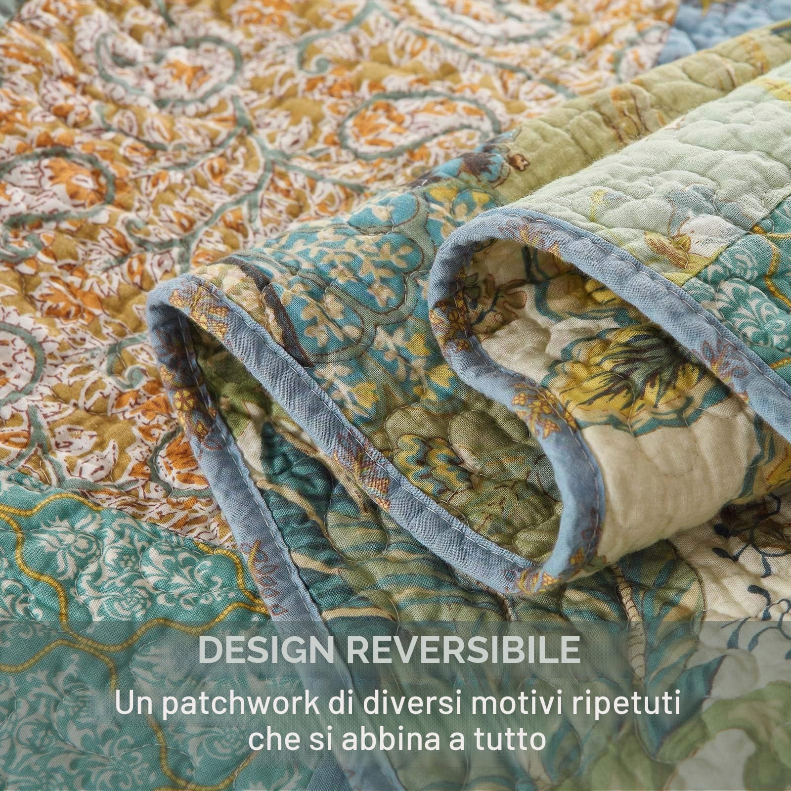 Qucover Copriletto Trapuntato Matrimoniale in Cotone con Motivo Foglie Copriletto Patchwork Vintage con due Federe 240x270 cm