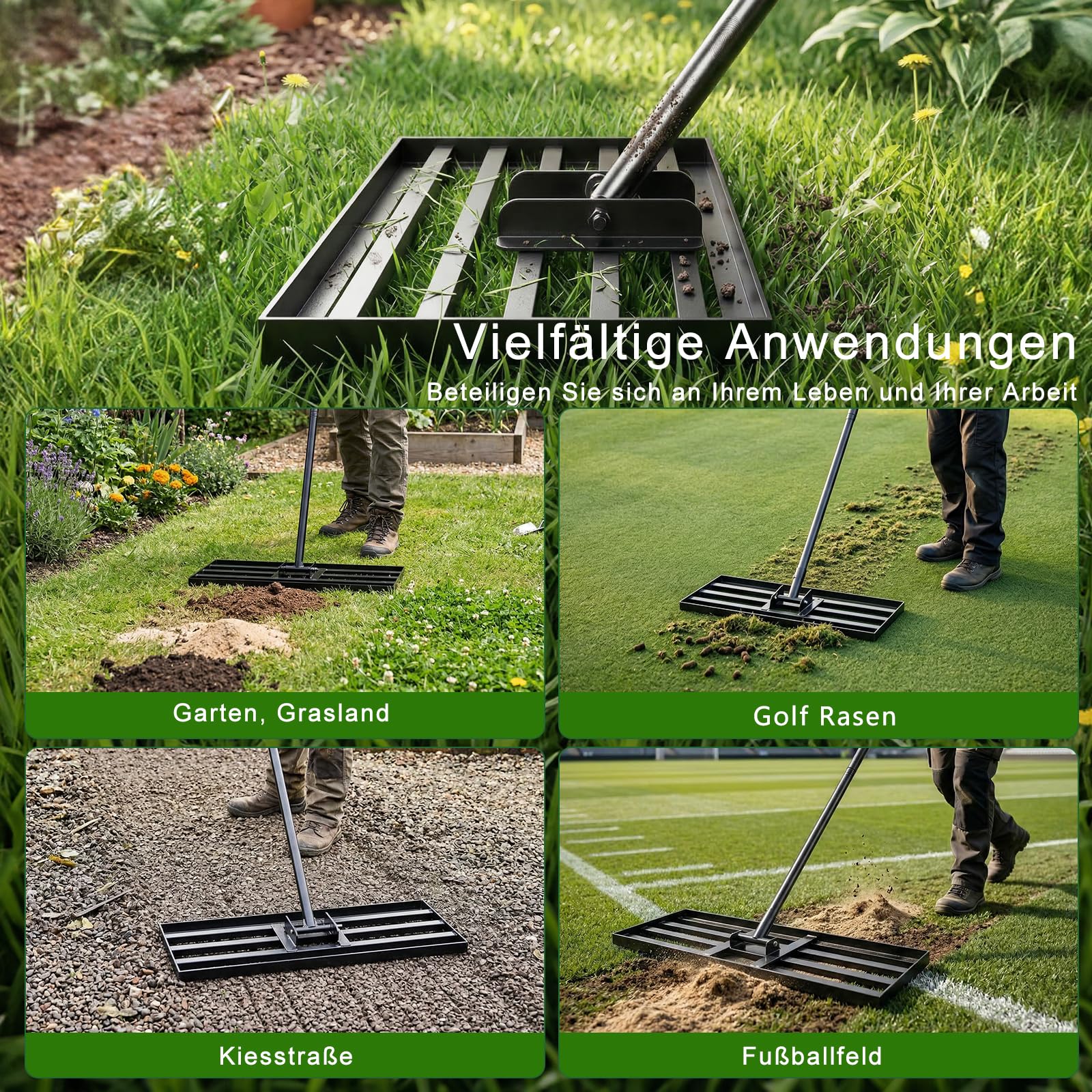 Rasen-Nivellierungsrechen 198cm 76x25cm, verstellbarer Griff 119-198cm, 180° schwenkbarer Kopf, rostbeständiger Stahl