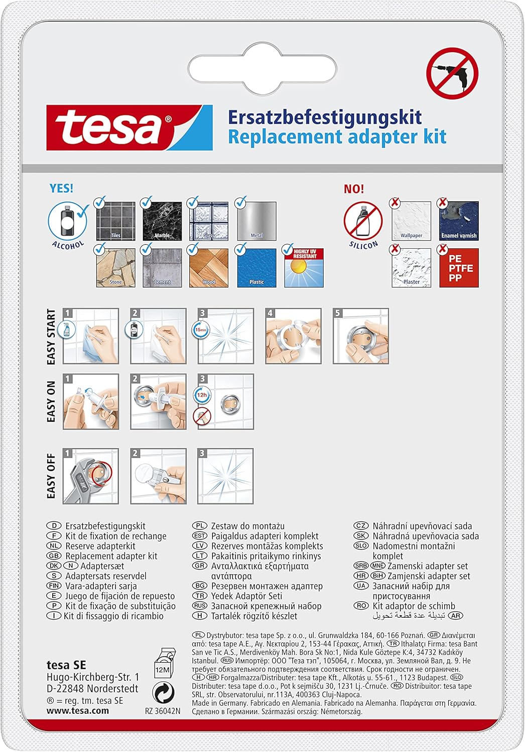 tesa Replacement Adapter Set BK177-2 - 2X Self-Adhesive, Drill-Free Adapter with Power.Kit Technology for Bathroom Accessories - with Metal Plate and Tube Glue - Ø 34 mm x 12 mm, Bolt Length: 9 mm