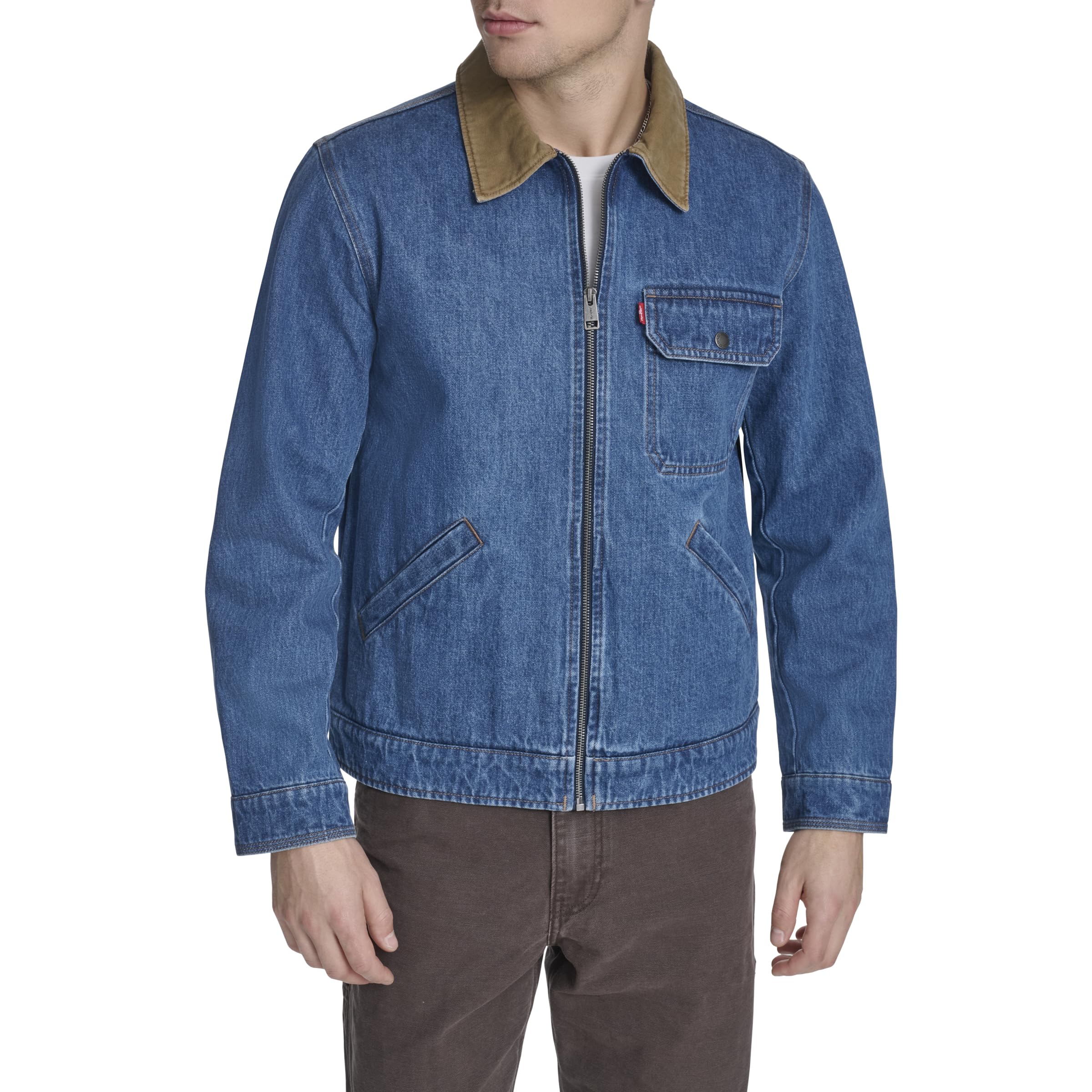 Levi's Men's Workwear Cotton Canvas Corduroy Collar Depot Jacket, Medium Wash Denim Lightweight, L