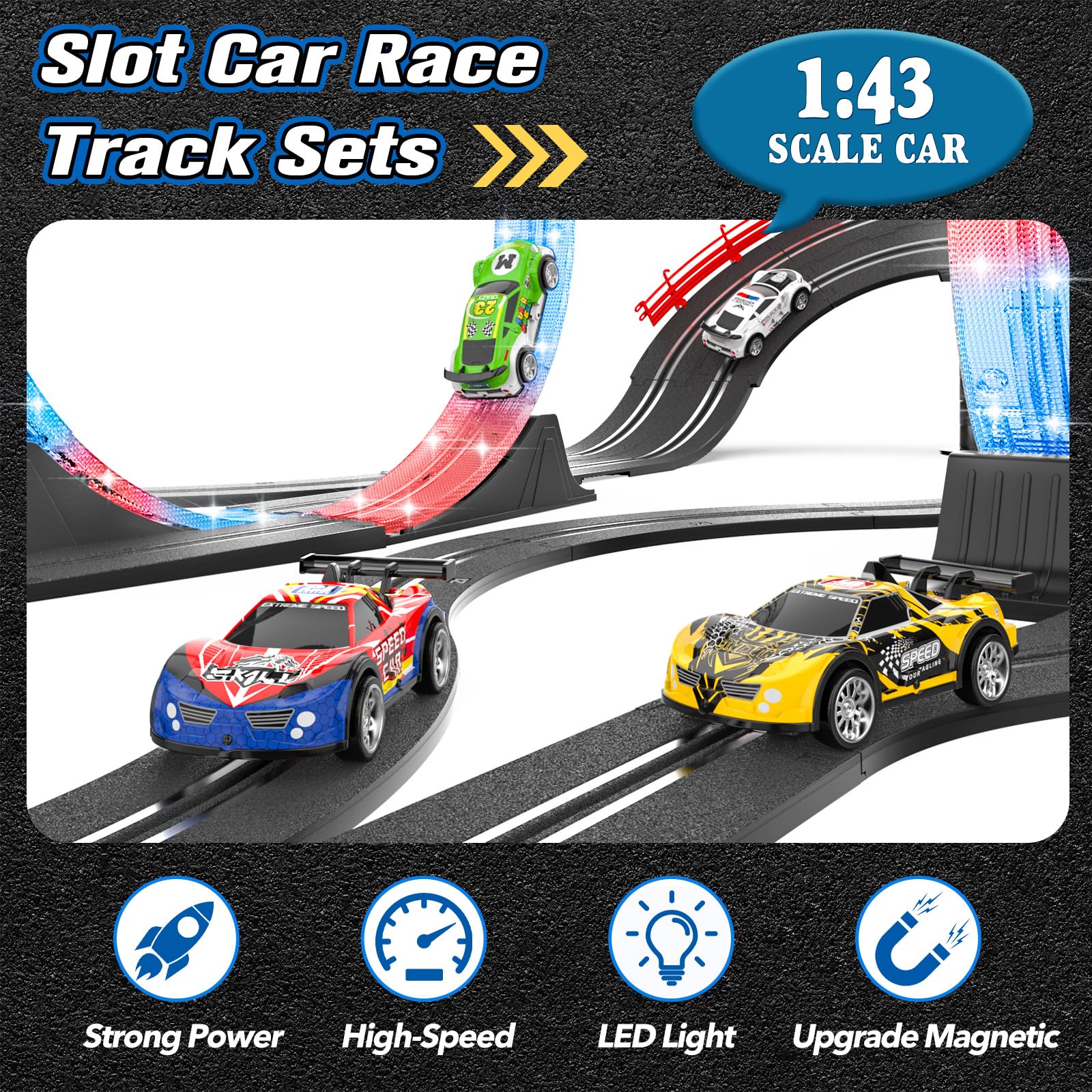 Juego de pista de carreras 2 en 1 con 4 autos de alta velocidad, pista eléctrica, juego de carreras dual con 2 controladores, diseño de paso elevado circular con pistas flash. Regalo de juguete para 2