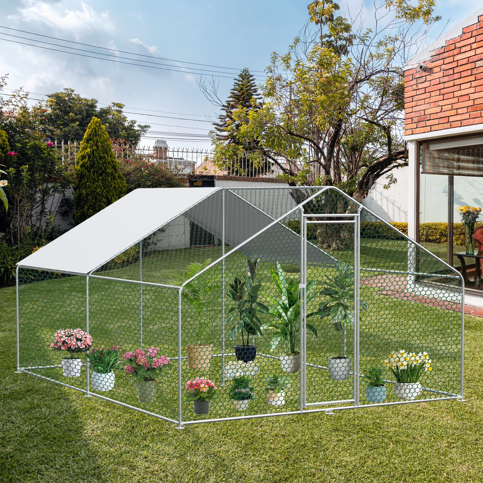 Hühnerstall mit Leiter, 3 x 4 x 2 Meter, Verzinkter Stahl, Freilaufgehege Tiergehege für Hühner Hasen, Kleintiergehege mit Obere Stützstange, Sonnenschutzdach und Tür für Hühner Ente Kleintiere