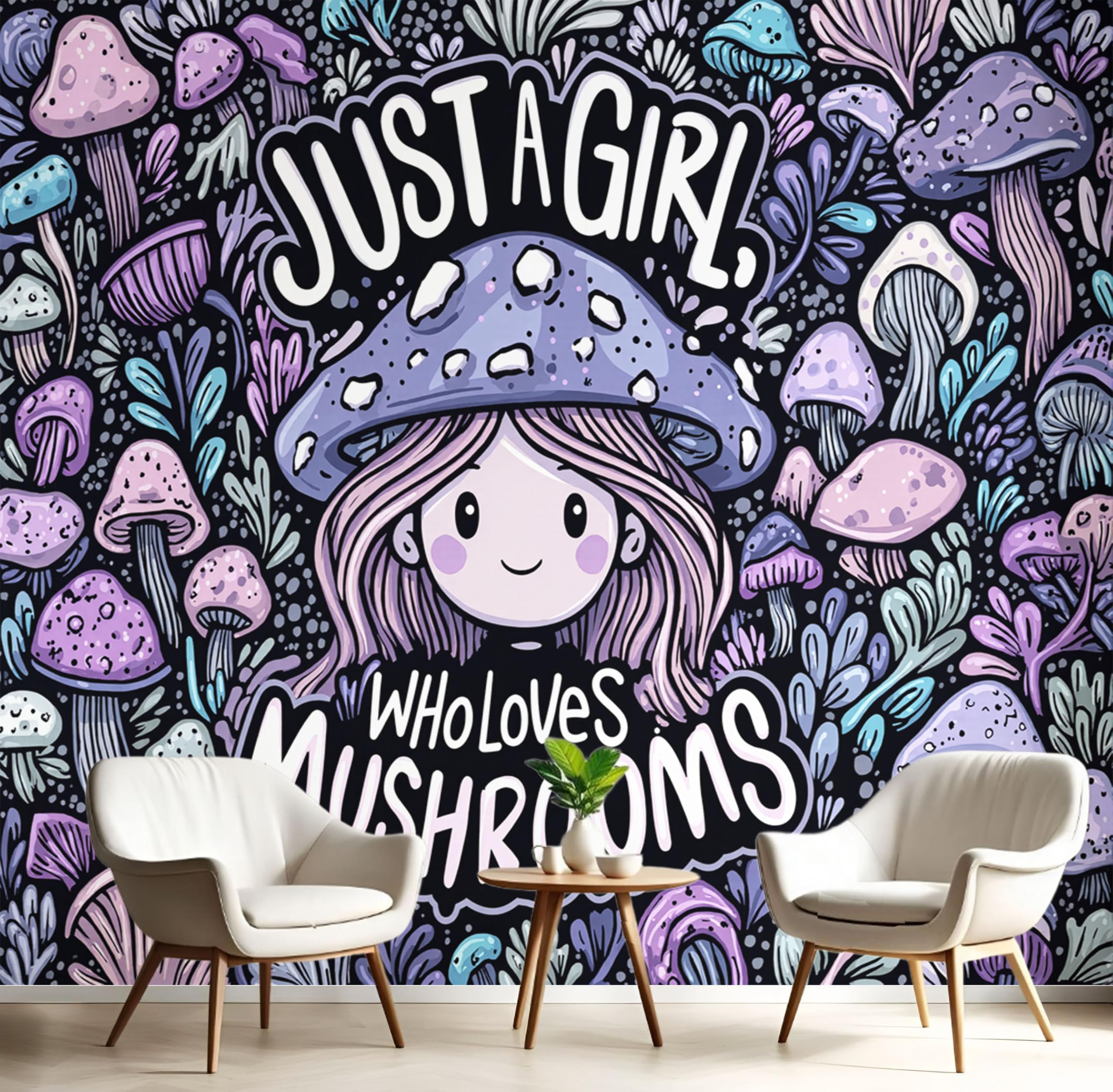 Tapisserie panoramique salon et chambre motif fille champignon violet 350x256