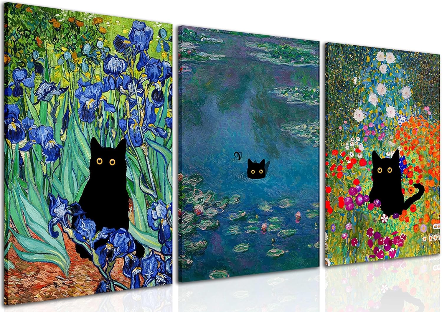 Monet Wall Art Set of 3 - Funny Cat in Water Lilies Canvas Paintings Prints, Garden Flowers Black Cat Aesthetic Pictures for Room Bedroom Living Room Bathroom 16x24 Framed Canvas 16x24 in Black Cat Water Lily