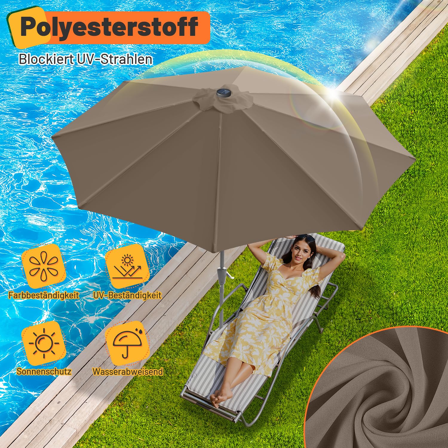 Sombrilla 350/270 cm, UV50+, sombrilla con manivela, tejido de poliéster de 160 g/m², sin base, gran sombrilla para piscinas, balcones y jardines, con LED/sin LED