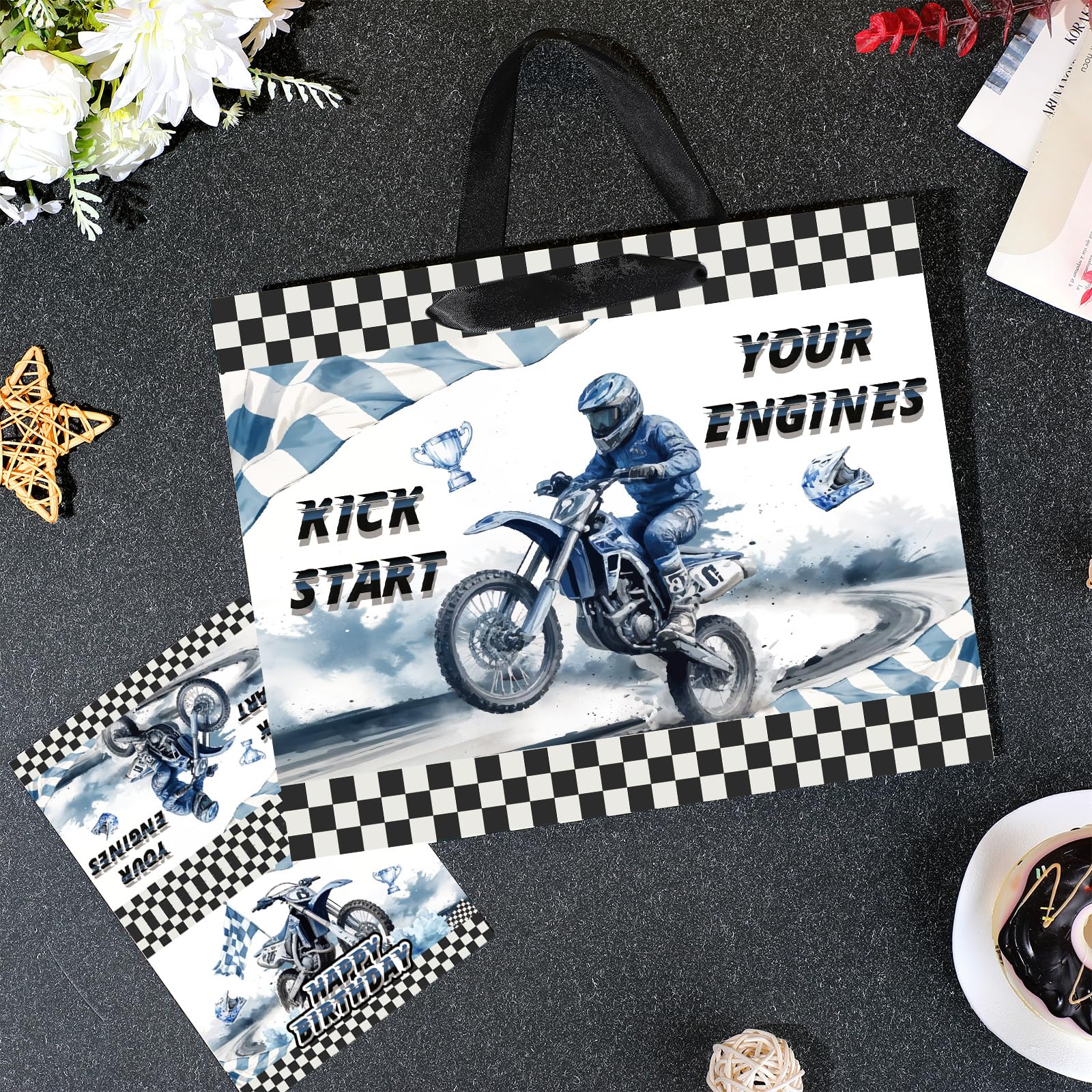 Yomaiha Dirt Bike Birthday Gift Bag for Boys Motocross Motorbike Wrapping Paper with Tissue Paper Greeting Card for Dirty Bike Birthday Party Decoration Supplies