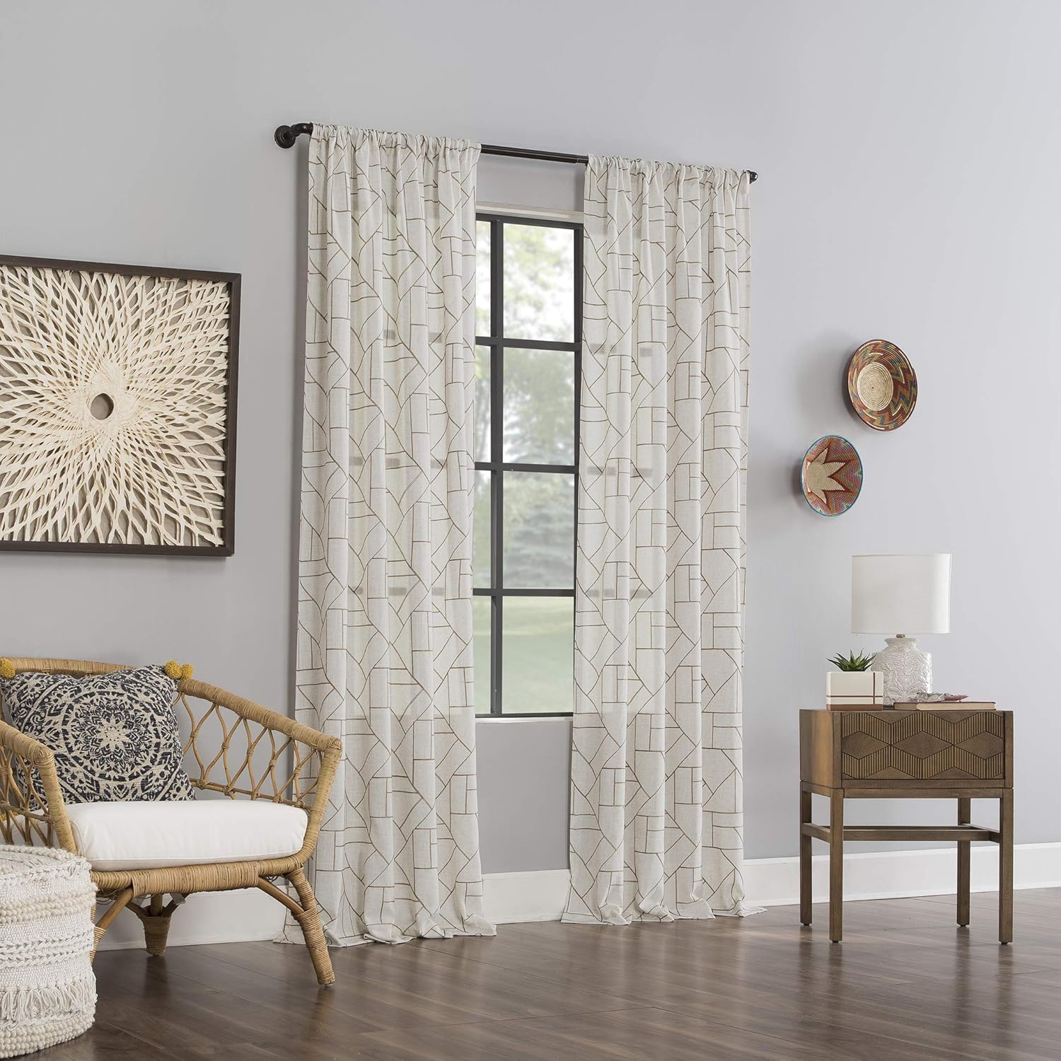 Archaeo Fragmented Geometric Embroidery Mid-Century Modern Natural Linen Blend Curtain, 50" x 108", Mocha/Linen