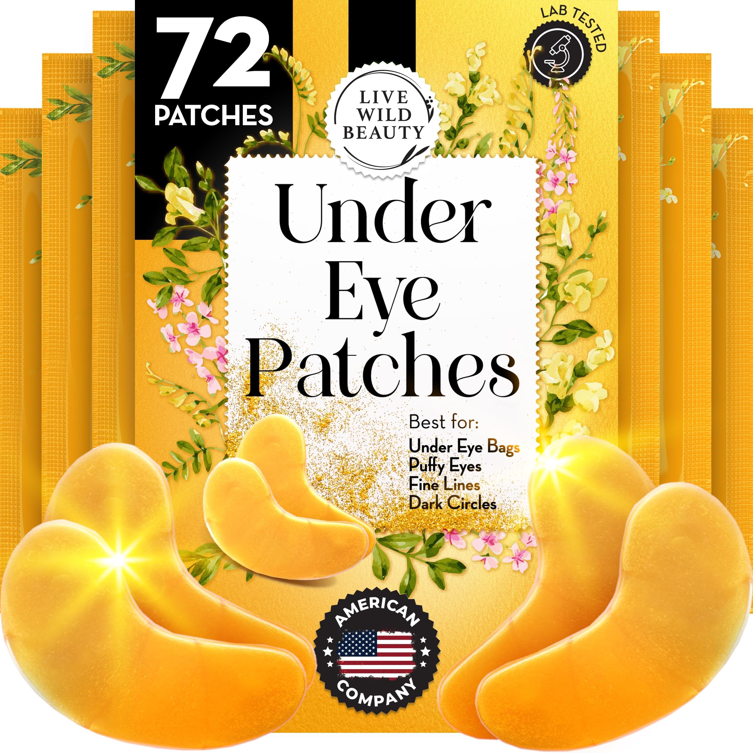 Live Wild Beauty Under Eye Patches (36 Pairs), Eye Masks for Dark Circles and Puffiness! Under Eye Patches for Under Eye Bags, 24K Gold Eye Mask, Under Eye Mask for Adults, Eye Patches for Puffy Eyes