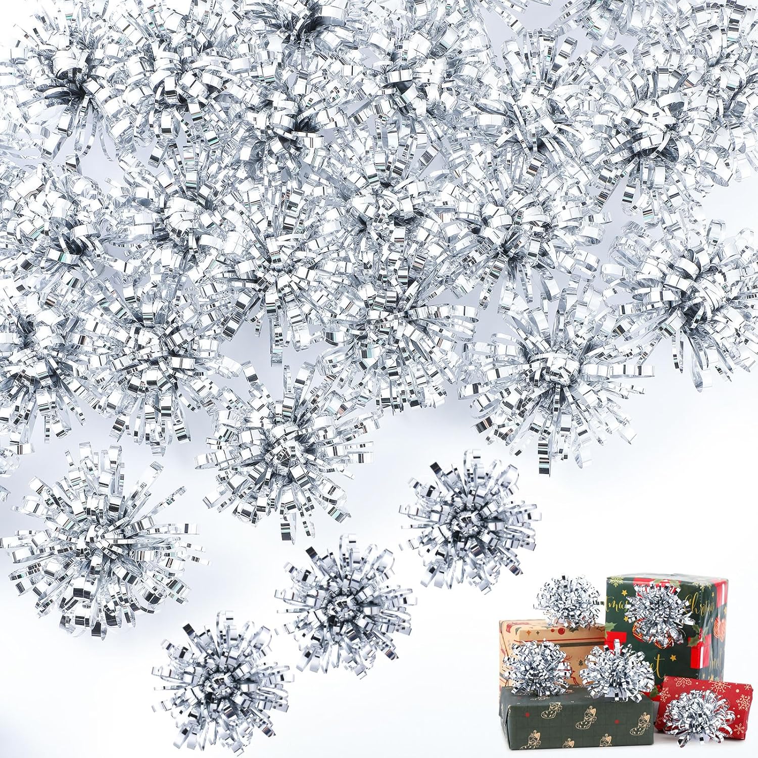 Yunlly 40 Pcs 4 Inch Christmas Tinsel Bows for Gift Wrapping Bulk Self Adhesive Gift Wrap Bows Toppers for Present Holiday Christmas Birthday Party Decoration Accessory(Classic Colors)