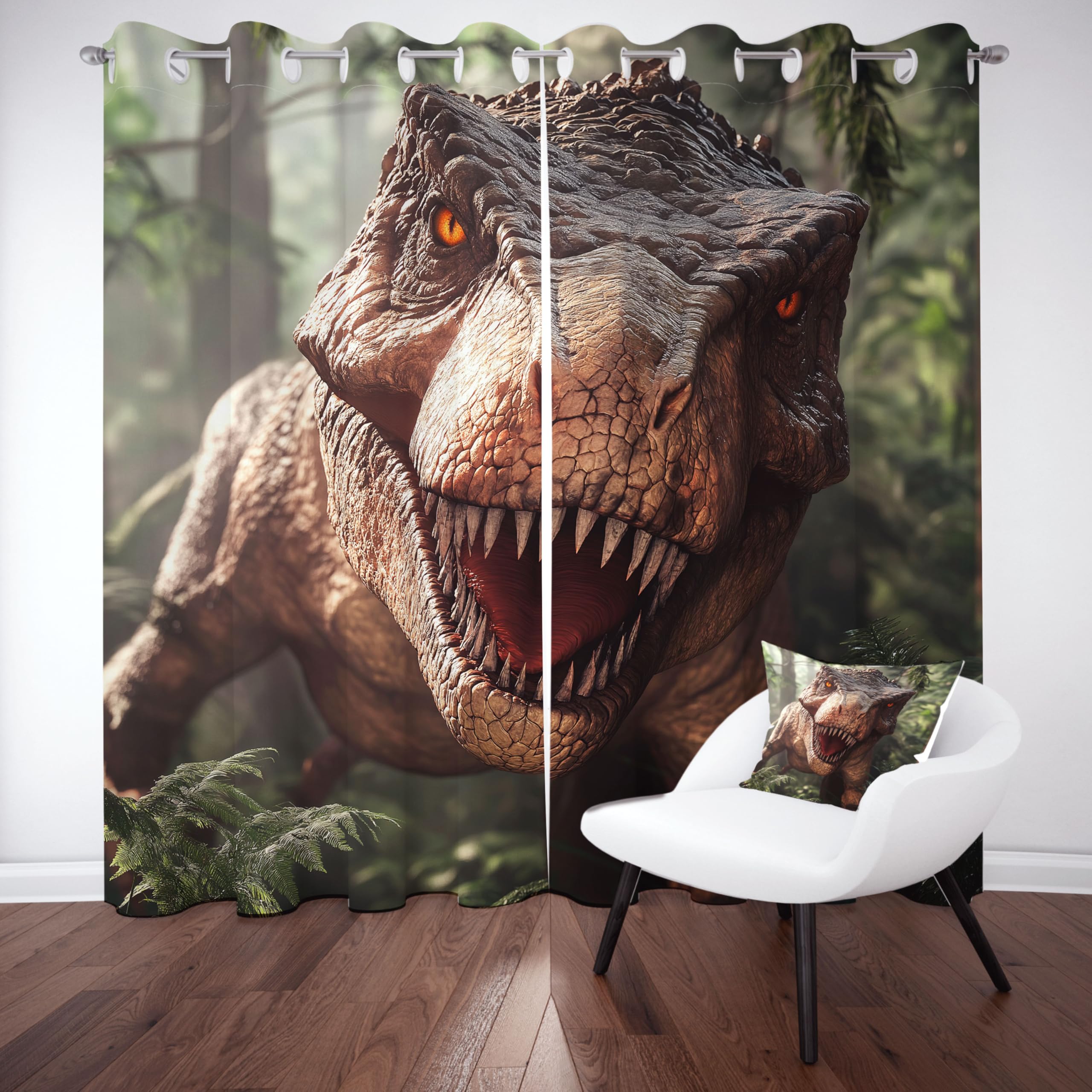 Rideaux occultants à motif dinosaure pour salon, rideau à motif feuilles vertes pour chambre, rideaux occultants thermiques à motif dinosaure tyrannosaure pour chambre d'enfant ou d'adolescent, lot de