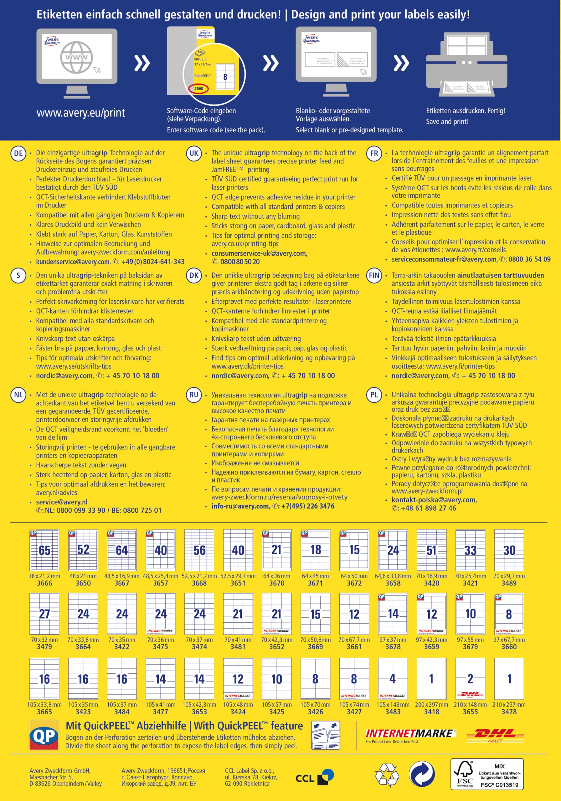 AVERY Zweckform 3418 Universal Etiketten (100 Klebeetiketten, 200x297mm auf A4, Papier matt, bedruckbare Versandetiketten, selbstklebende Versandaufkleber mit ultragrip, DHL) 100 Blatt, weiß