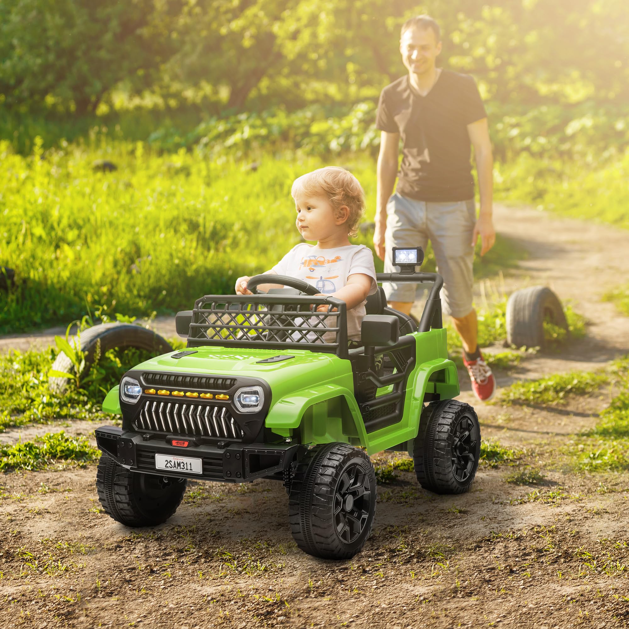 AIYAPLAY Coche Eléctrico para Niños de +3 Años Coche Eléctrico Infantil de Batería 12V con Mando a Distancia Velocidad Ajustable USB Faros Bocina Verde