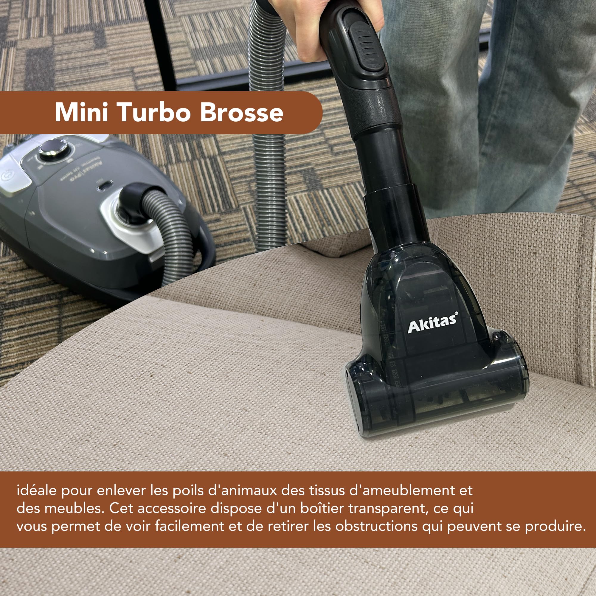 Akitas C11 Turbo 900W Aspirateur avec Sac Turbo Câble 7m, Aspiration Réglable Brosse Turbo Anti-Poils d’Animaux 4-en-1 pour Sols Durs et Moquettes Tête de Rechange Incluse