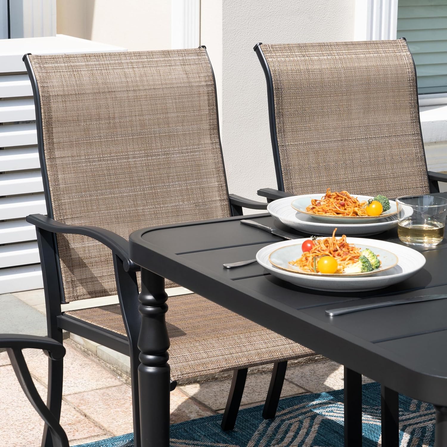 NUU GARDEN 7-Piece Outdoor Metal Dining Set, Patio Dining Table Set with 2 Textilene Swivel Chairs and 4 Textilene Chairs, Patio Furniture Set for Patio, Deck, Garden, Backyard, Balcony, Black&Brown