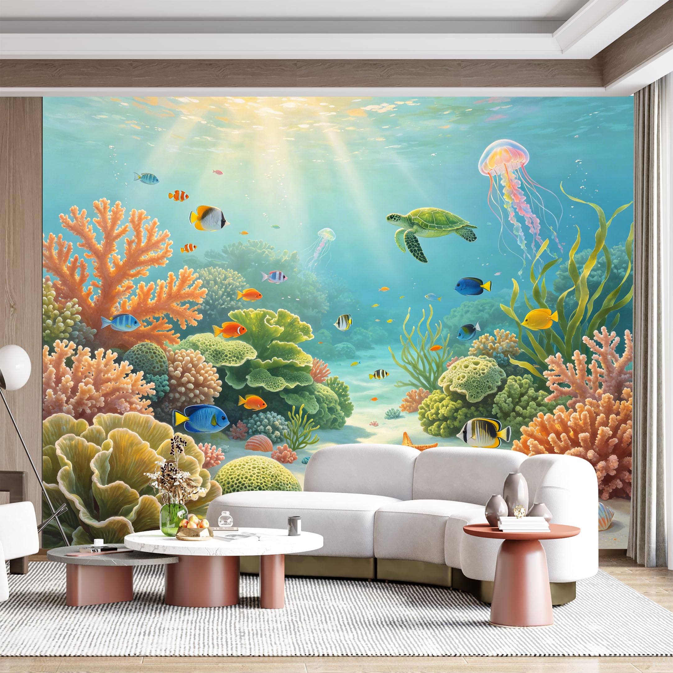 Custom Size Wall Mural Underwater Coral Reef Marine Life Ocean Turtle Jellyfish Fish Seascape SelfAdhesive Wall Fabric Removable for Home Office Decor
