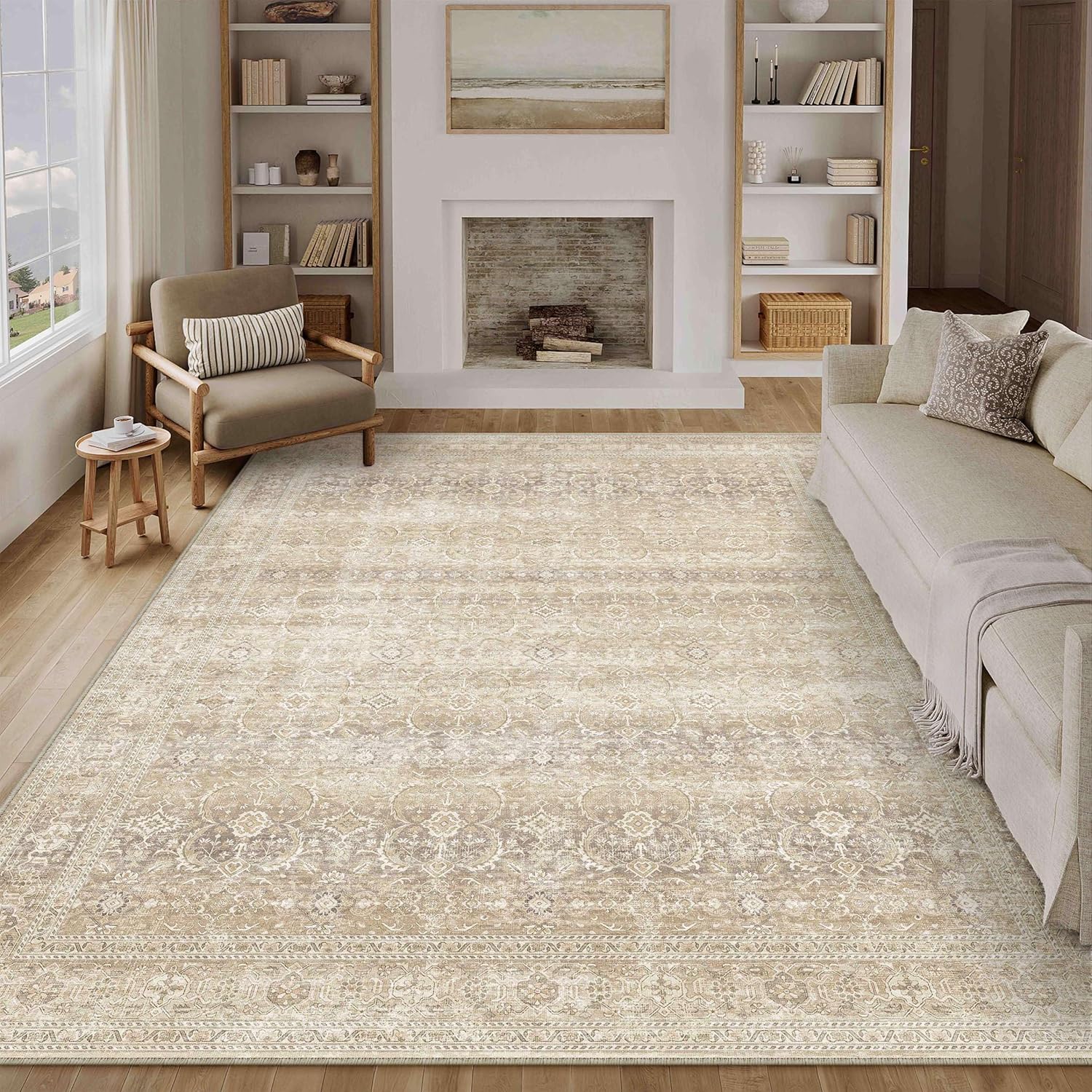HUGEAR 8x10 Washable Area Rug Beige Vintage Neutral Living Room Rug Large Soft Non Slip Distressed Carpet Low Pile Pet Friendly for Bedroom Dining Room Holly | Beige 8' x 10' (Rectangular)