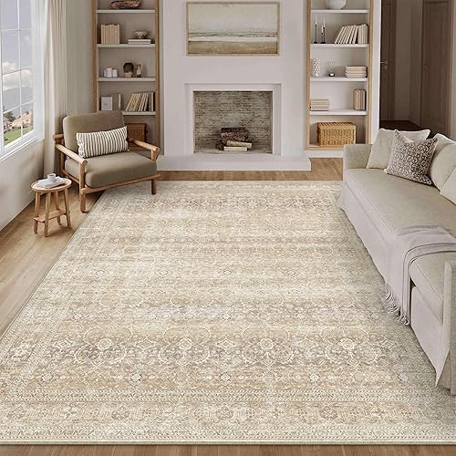 Vintage Beige Washable Area Rug 8x10 - Neutral Style Non Slip Low Pile Distressed Print Stain Resistant Pet & Kids Friendly for Living Room Bedroom Dining Room